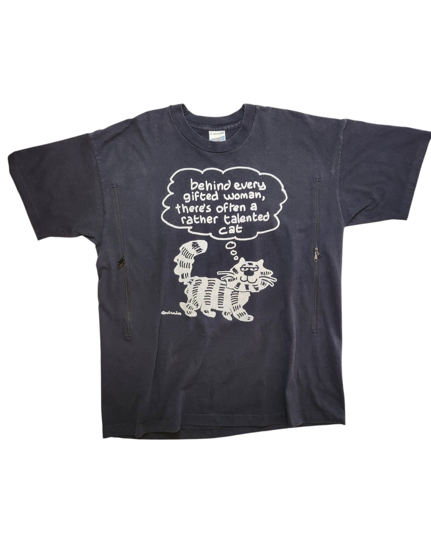 The Upcycled Breastfeeding & Pumping Talented Cat T-shirt XL by touched out mama is black with a smiling striped cartoon cat. It features a thought bubble saying, Behind every gifted woman, theres often a rather talented cat, and includes two vertical side zippers in its eco-friendly design.