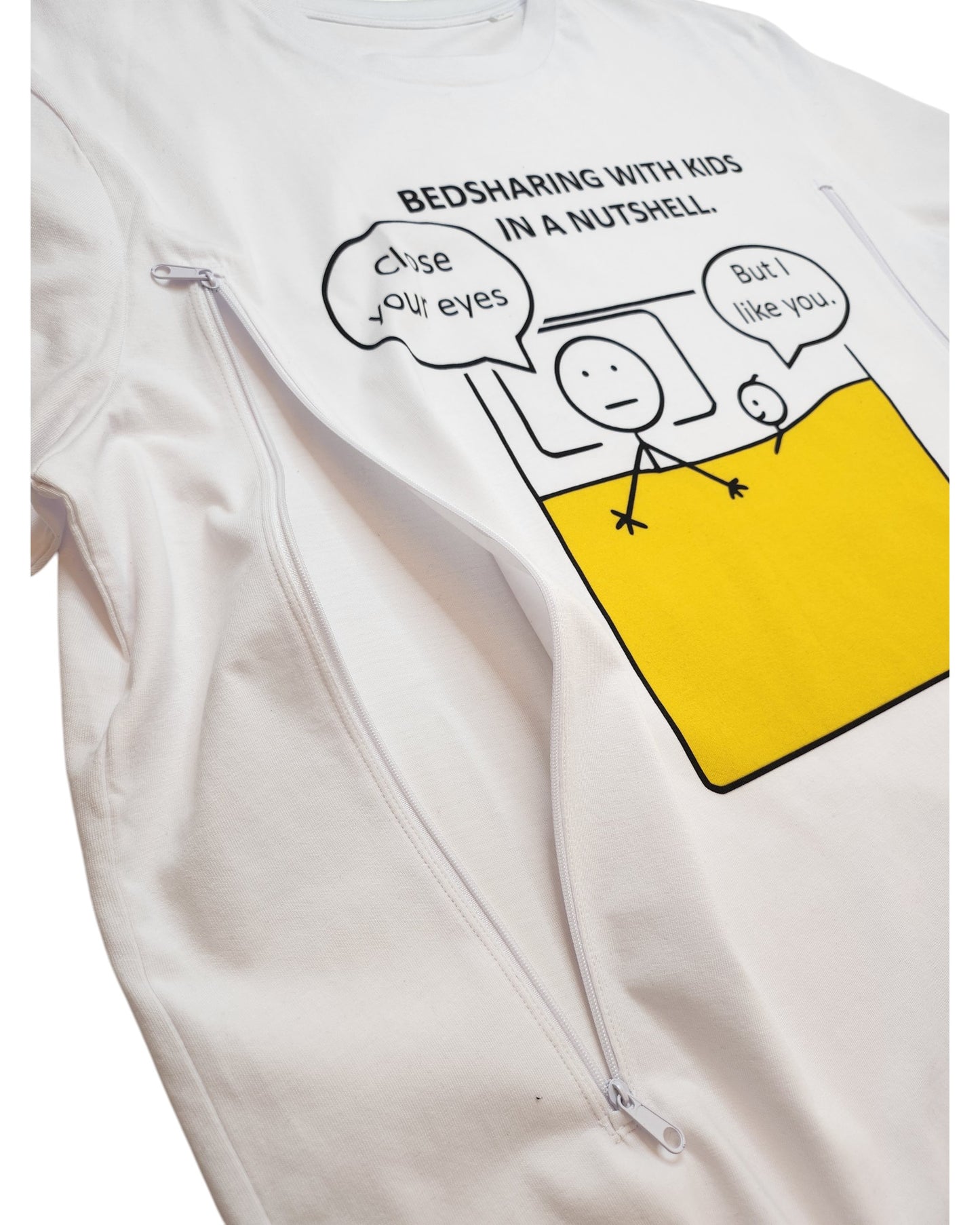 The Upcycled Breastfeeding & Pumping Funny Bedsharing T-shirt by touched out mama, available in S-XL, is crafted from organic cotton. It features a comic saying Close your eyes, with the reply But I like you, and “BEDSHARING WITH KIDS IN A NUTSHELL” above. Includes side zippers for easy breastfeeding.