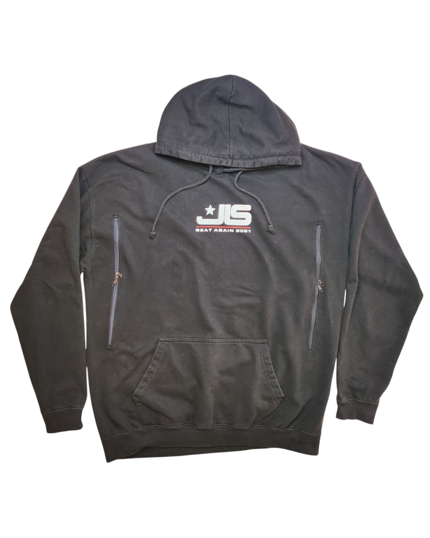 The Upcycled Breastfeeding & Pumping JLS Hoodie XXL by touched out mama boasts two front zippers and a central pocket, featuring a JS logo with SOAT AGAIN 2021. This black hoodie made from preloved clothing includes hood drawstrings for an adjustable fit.