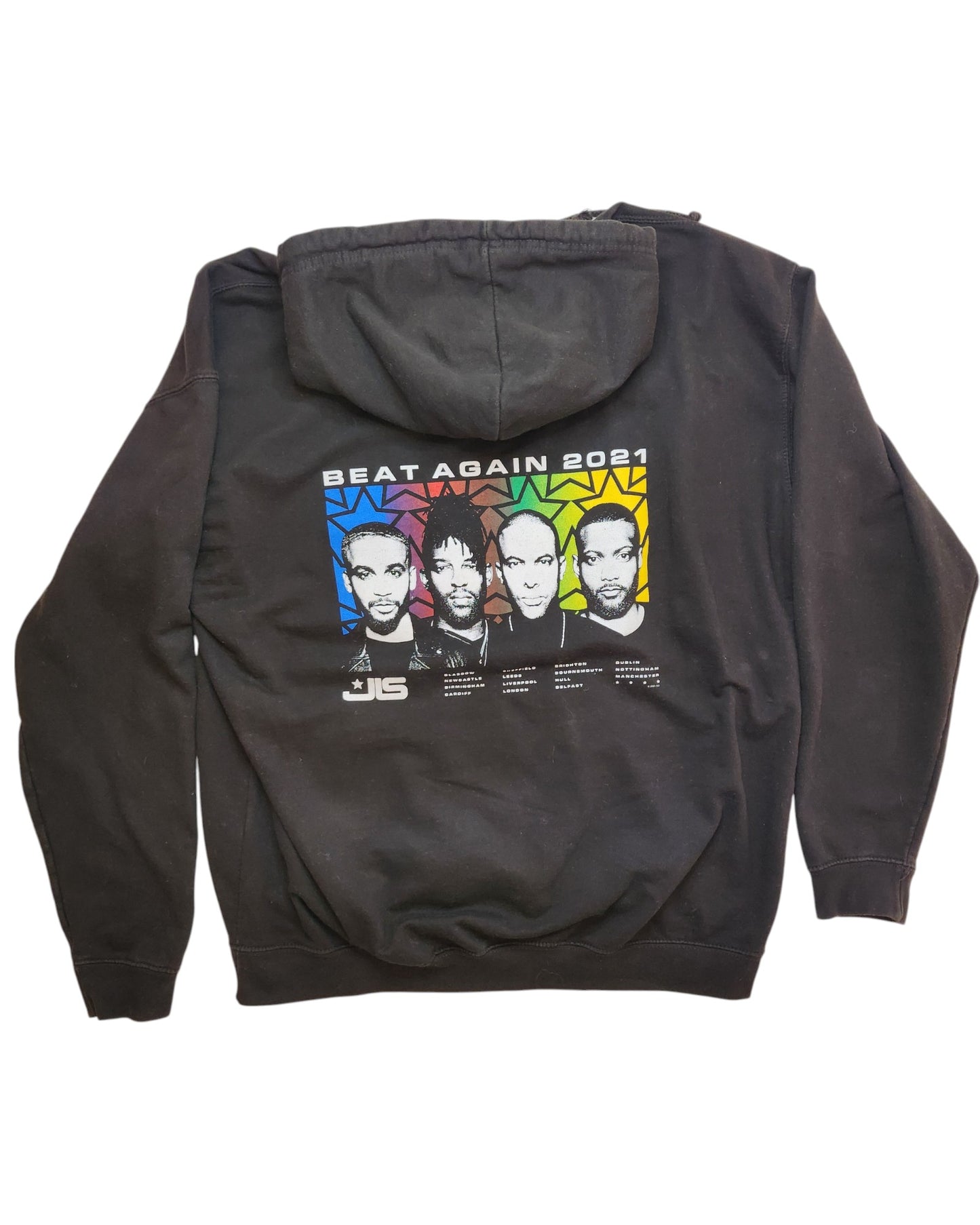 This preloved XXL black hoodie by touched out mama features a vibrant pop-art graphic of four people with Beat Again 2021 and the iconic JLS logo. Skillfully upcycled with a colorful geometric backdrop, it perfectly blends style and function as a breastfeeding & pumping hoodie.