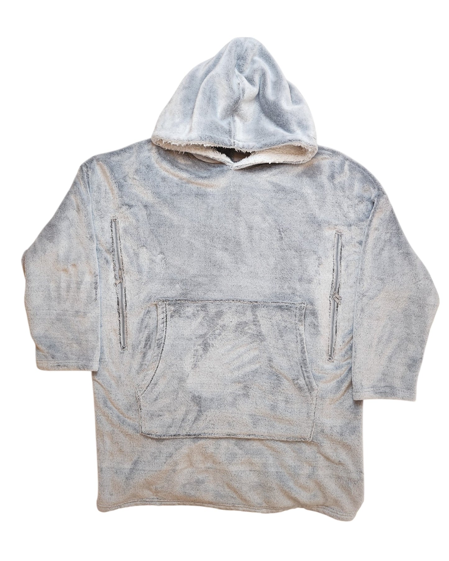 The Upcycled Breastfeeding & Pumping Blanket Hoodie L by touched out mama is a light gray sweatshirt made from upcycled materials. It has a soft, plush texture, an oversized fit, and includes a large front pocket with two vertical zip pockets. The fabric offers a gentle sheen.