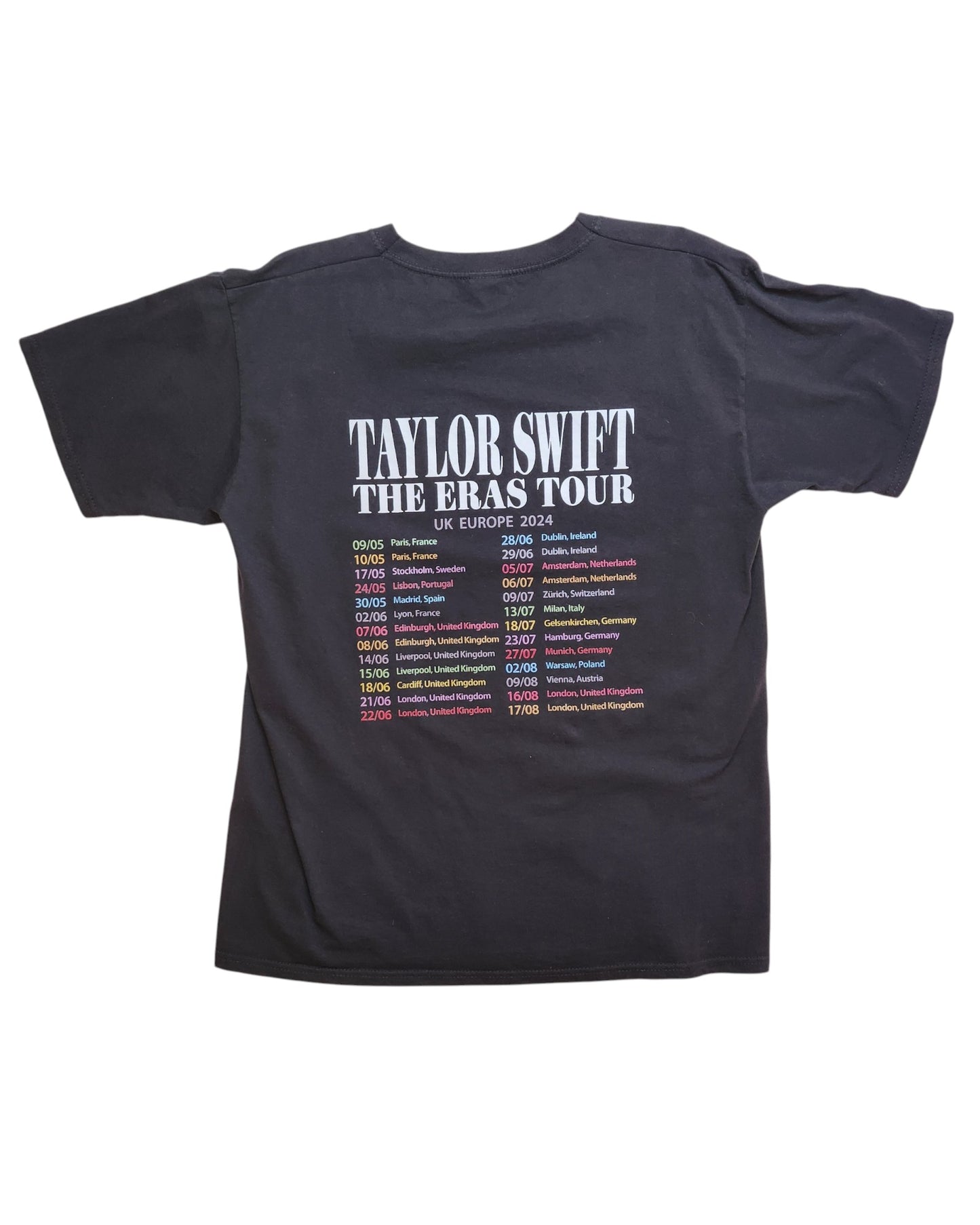 This preloved black touched out mama T-shirt, size M, is upcycled for nursing and pumping moms and features the vibrant UK and Europe 2024 dates and locations of Taylor Swift The Eras Tour on the back.