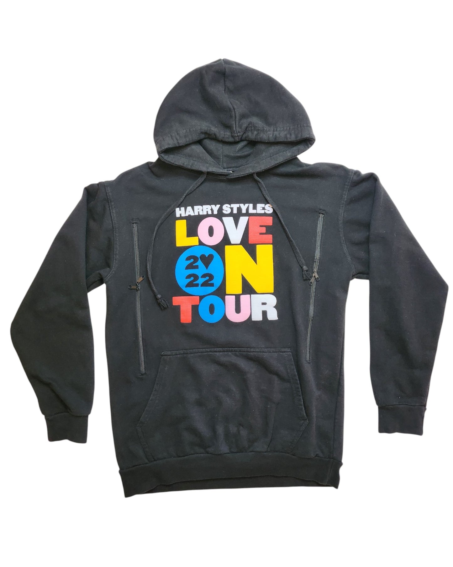 The Upcycled Breastfeeding & Pumping Harry Styles Hoodie M by touched out mama showcases colorful Harry Styles Love On Tour 2022 text. Made from upcycled clothing, it features two vertical zippered chest pockets and a kangaroo pocket, blending style with eco-friendly fashion.
