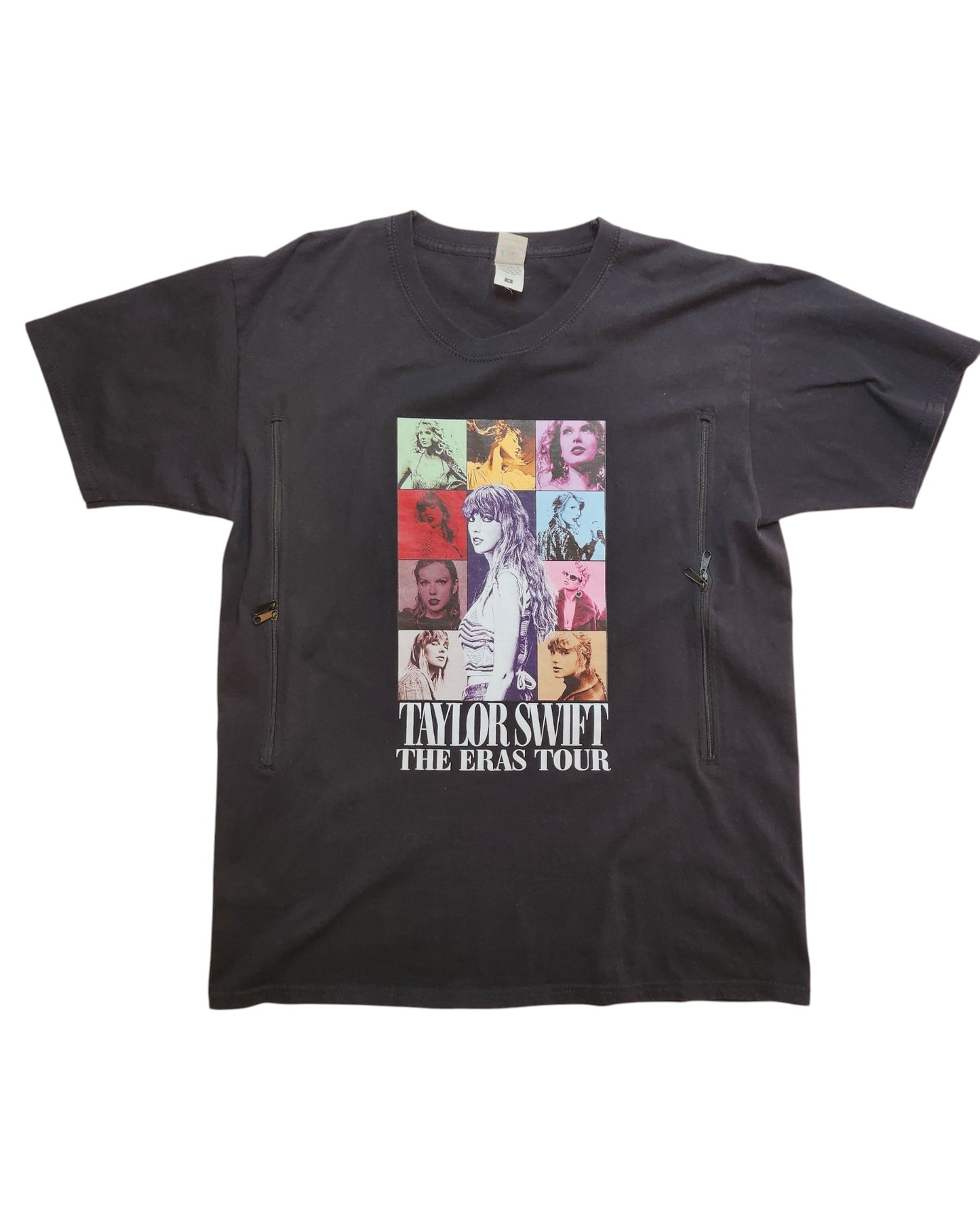 The Upcycled Breastfeeding & Pumping Taylor Swift Tour T-shirt by touched out mama features a black design with colorful squares of illustrations and photos, including a central sketch. Below, it reads TAYLOR SWIFT THE ERAS TOUR, embracing preloved fashion and celebrating iconic moments.