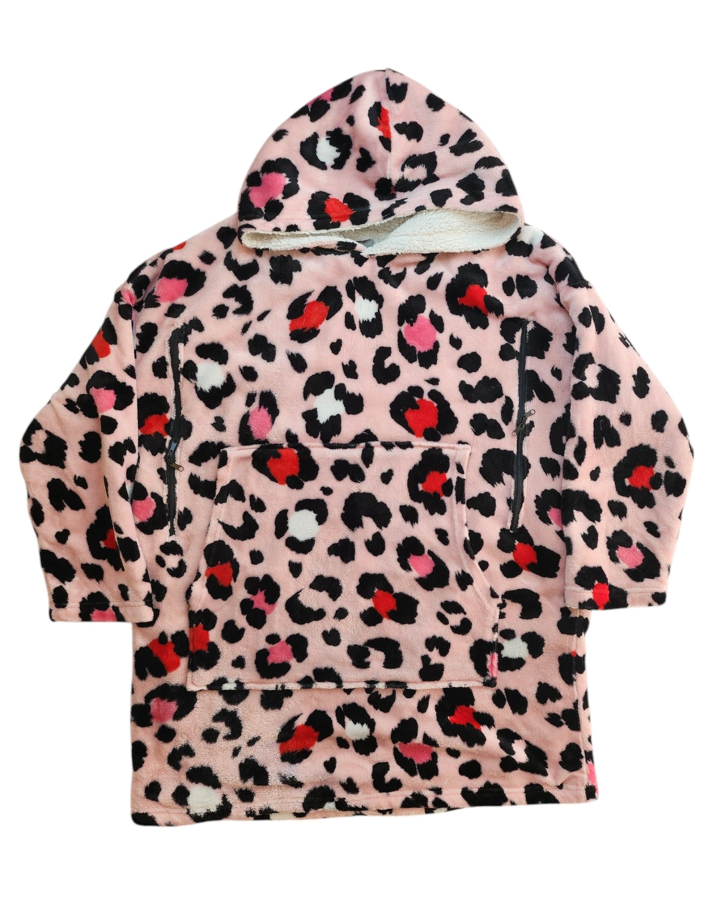 The Upcycled Breastfeeding & Pumping Pink Leopard Blanket Hoodie M by Touched Out Mama is a cozy hooded fleece pullover featuring long sleeves, a large front pocket, and an eco-friendly pink leopard print pattern crafted from upcycled materials.