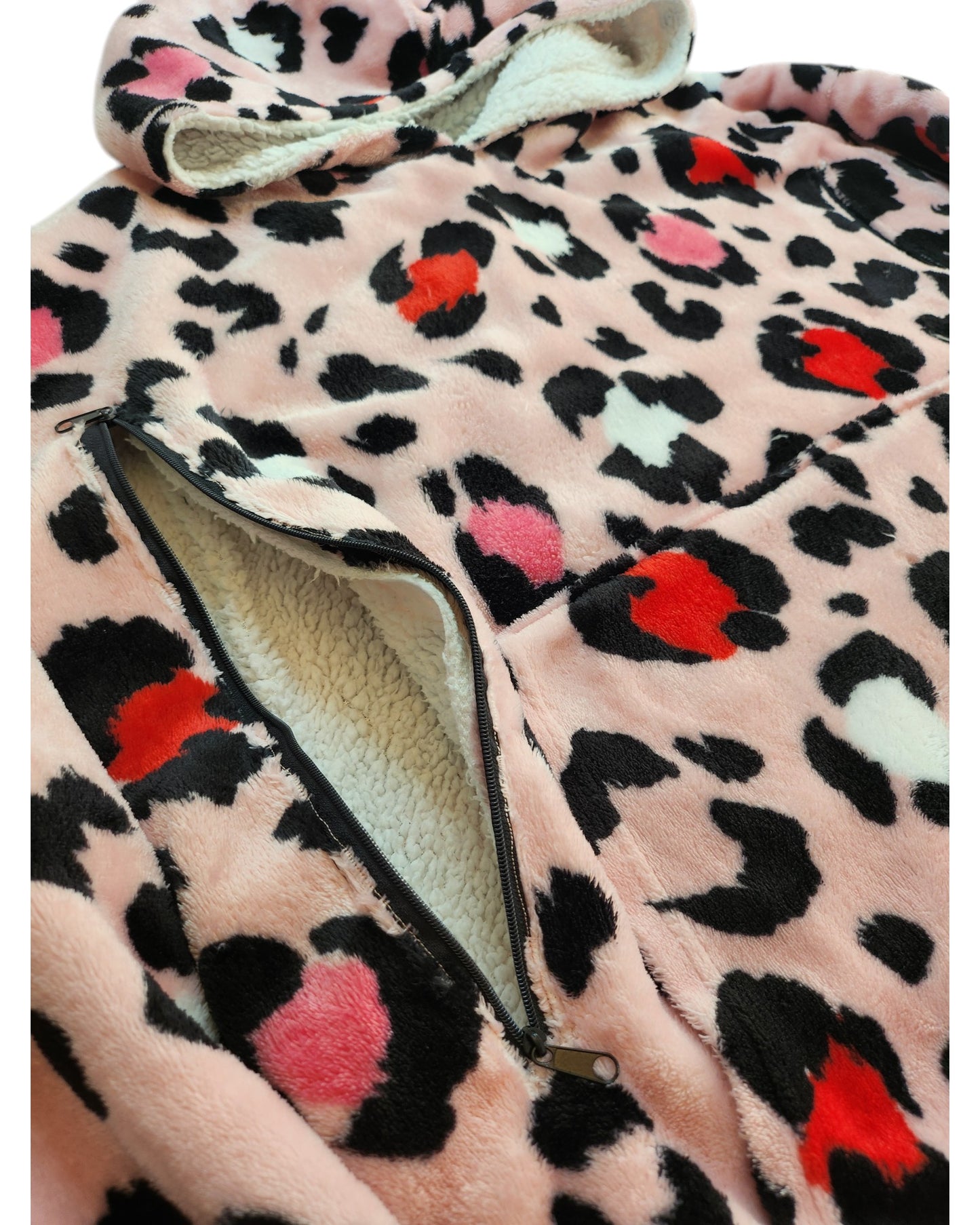 Close-up of touched out mamas Upcycled Nursing & Pumping Pink Leopard Blanket Hoodie M, featuring a black, red, and white leopard print. This eco-friendly hoodie blends sustainability with style through a half-zipper and cozy white sherpa lining.
