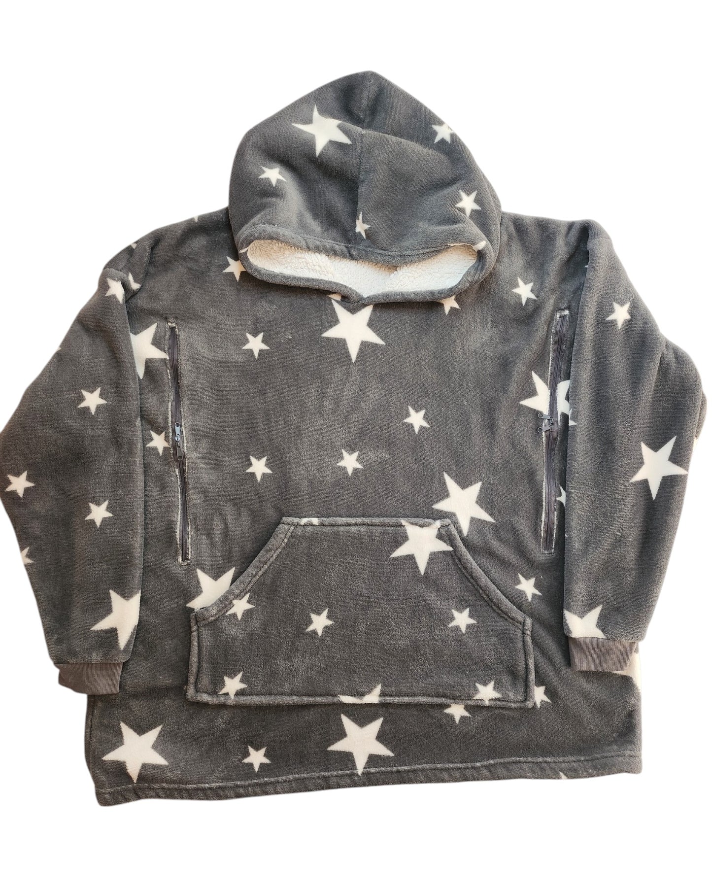 The Upcycled Breastfeeding & Pumping Stars Blanket Hoodie by touched out mama is a gray fleece with a white star pattern, featuring a large front pocket and two side zippers for easy breastfeeding access. The lined hood ensures comfort. Preloved item shown on a white background.