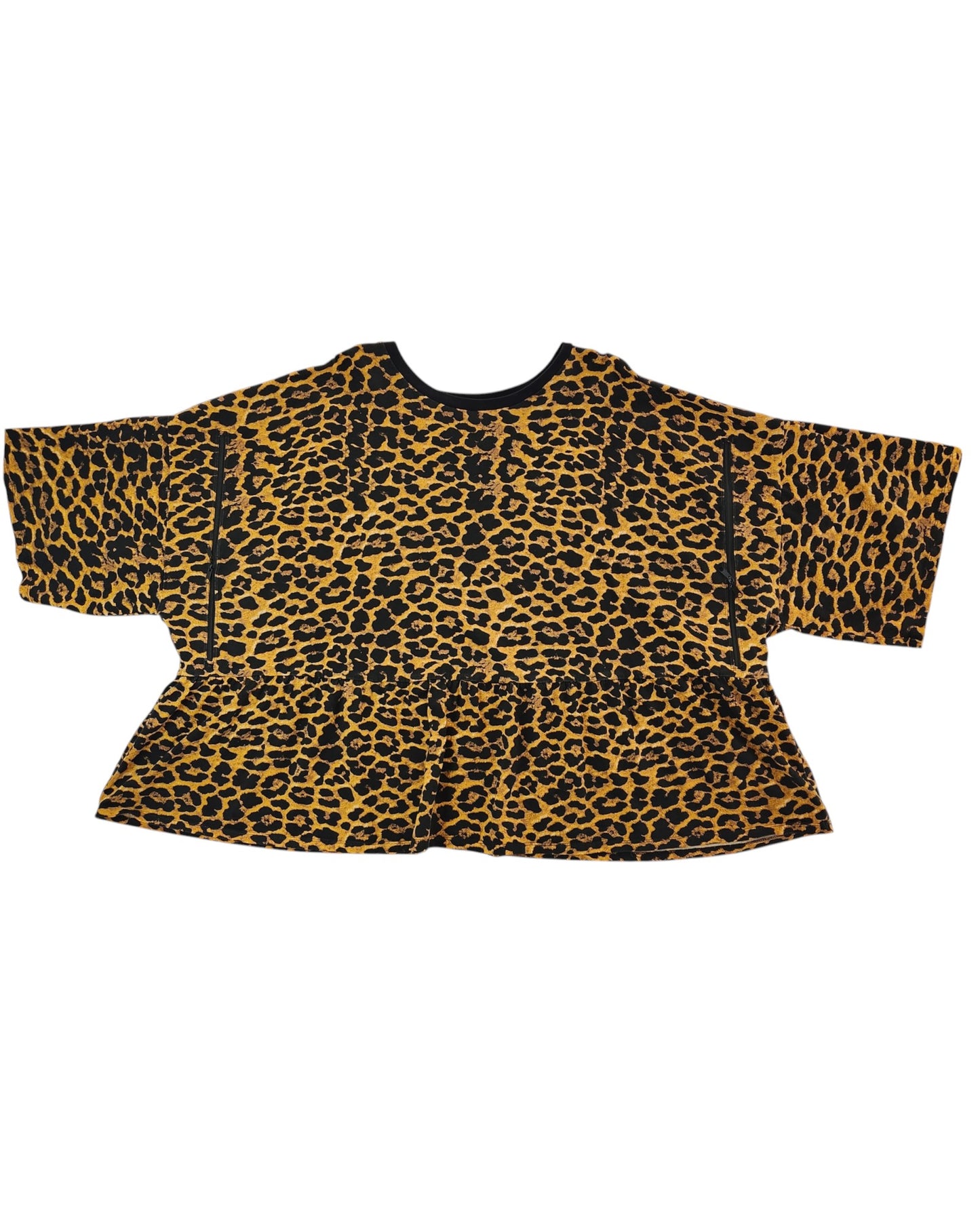 The Upcycled Breastfeeding & Pumping Cheetah T-Shirt by touched out mama features an intricate leopard print, black collar, and short sleeves. Its crafted from upcycled materials and photographed on a plain white background. Available in UK size 30.