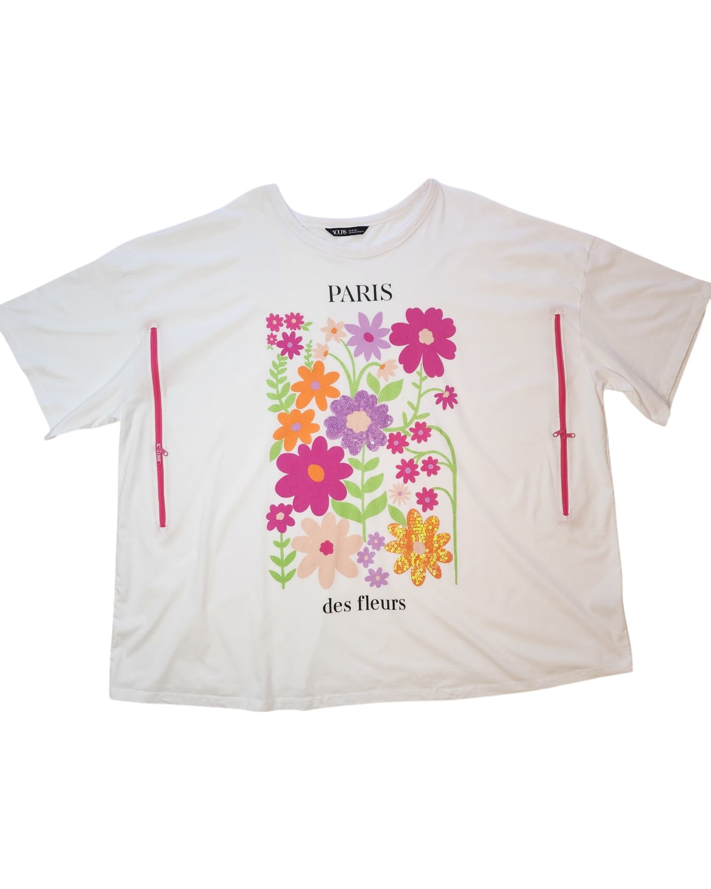 The Upcycled Breastfeeding (Nursing) & Pumping Paris Floral T-shirt UK26/28 by touched out mama is an eco-friendly white shirt with PARIS des fleurs text, a vibrant floral design in pink, purple, and orange, and side pink zippers for convenient breastfeeding access.