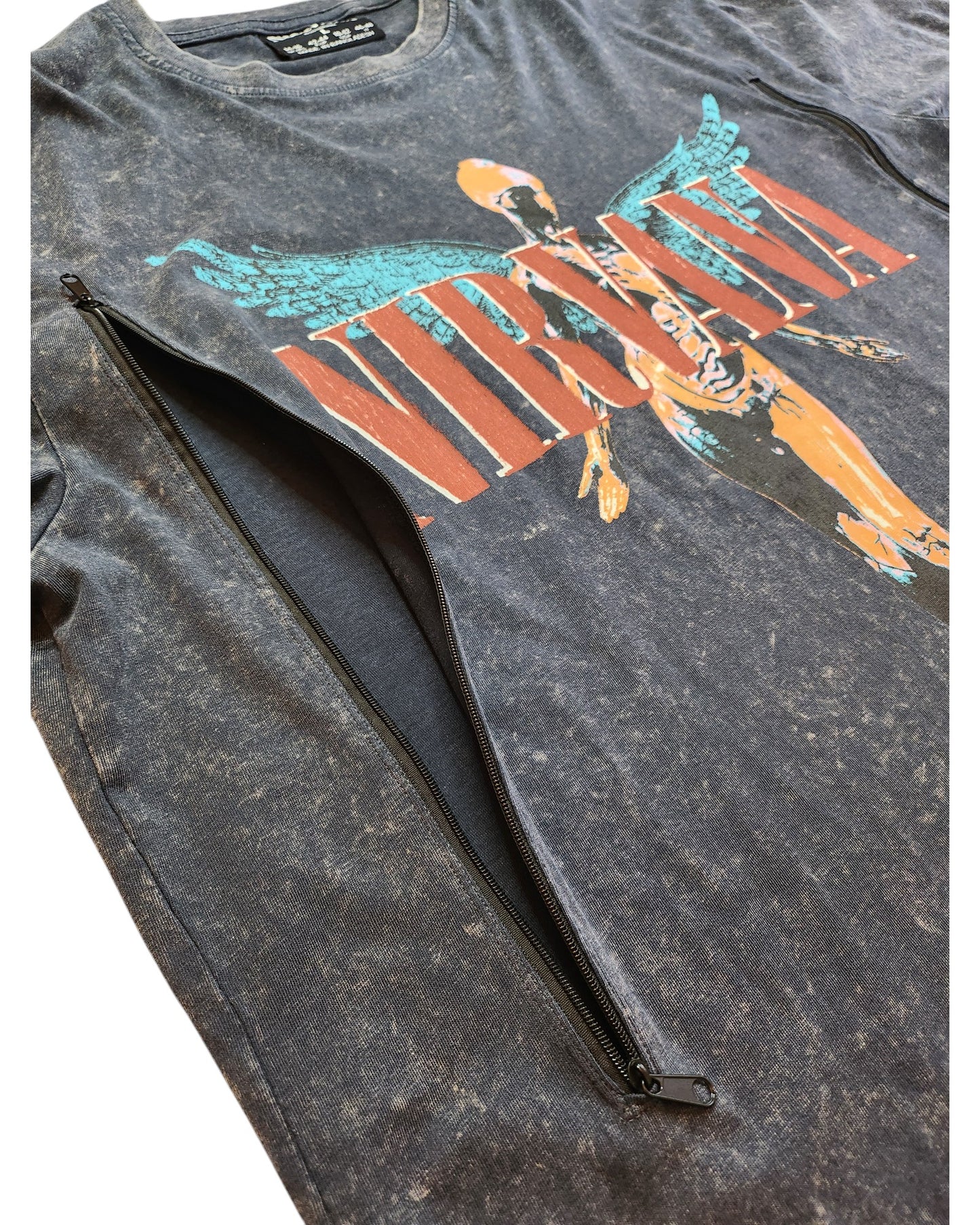 The preloved, black Nirvana shirt by touched out mama features a distressed angel graphic with teal wings and orange text. Its an upcycled L-size design with unique diagonal zipper detail from armpit to hem, perfect for breastfeeding and pumping.