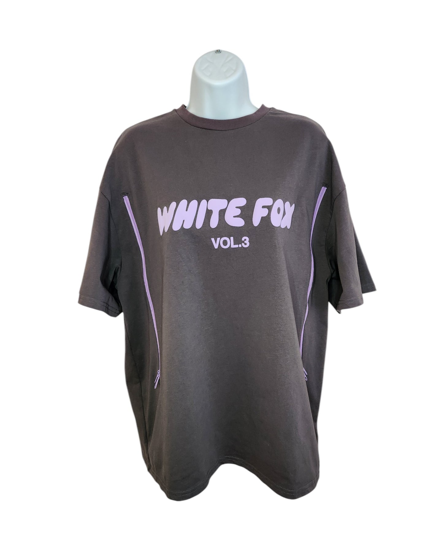 Displayed on a mannequin, this upcycled dark gray WHITE FOX VOL. 3 T-shirt from touched out mama is preloved with short sleeves and a casual fit, combining style and sustainability for nursing and pumping moms.