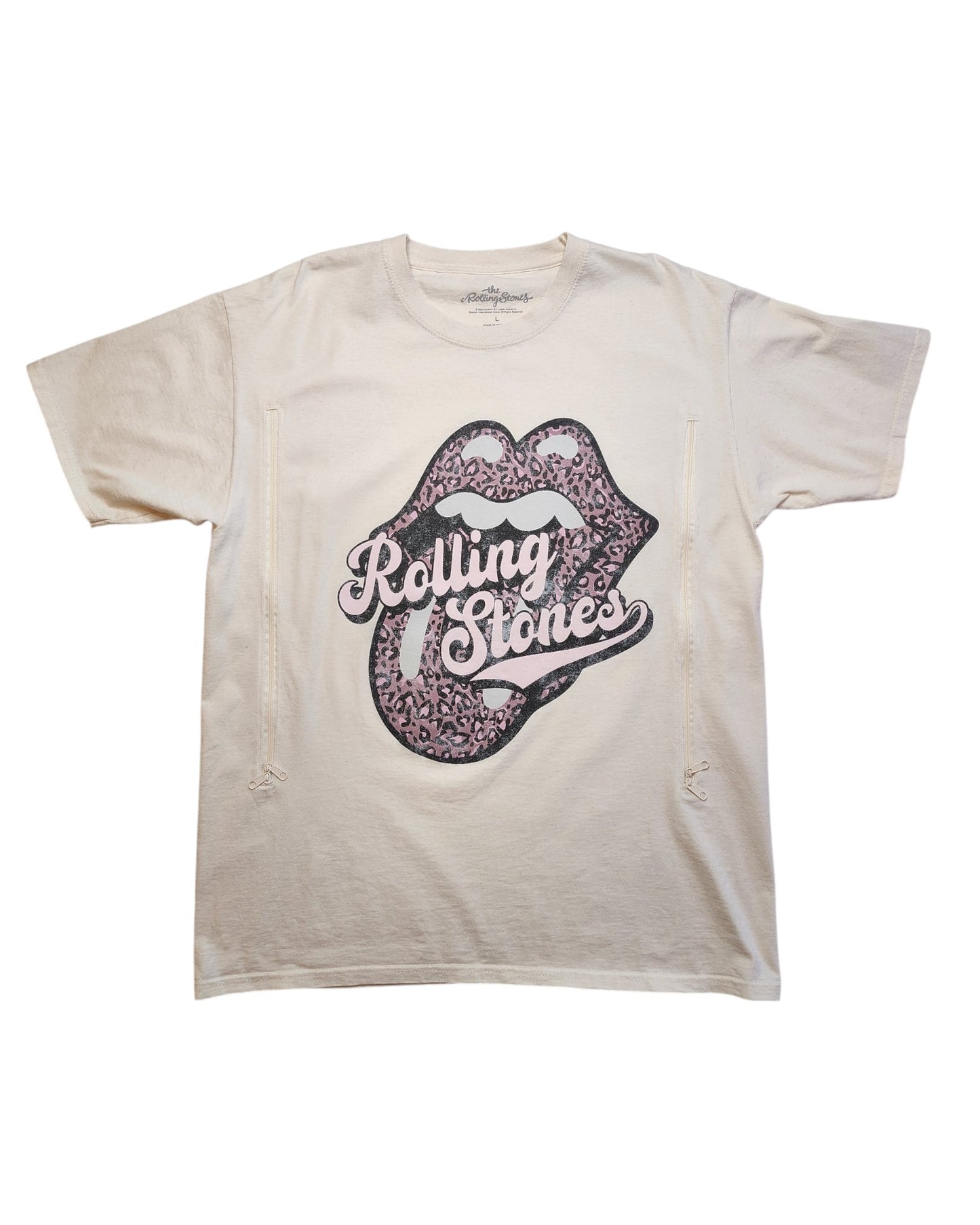 Upcycled Breastfeeding (Nursing) & Pumping Rolling Stones Cream t-shirt L
