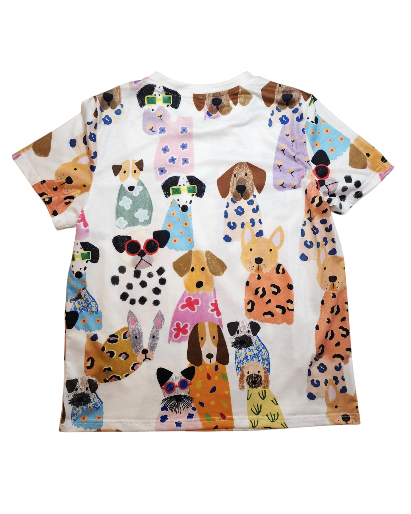 The Upcycled Breastfeeding (Nursing) & Pumping Dogs t-shirt by touched out mama features a lively, whimsical design of cartoon dogs in patterned outfits on a white background.