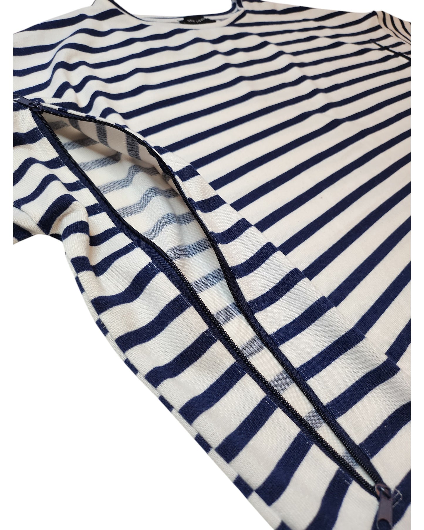 A close-up of the preloved Upcycled Breastfeeding & Pumping Stripe Knit Top by touched out mama features white and navy blue stripes, with a partially opened zipper as a detail in its design.