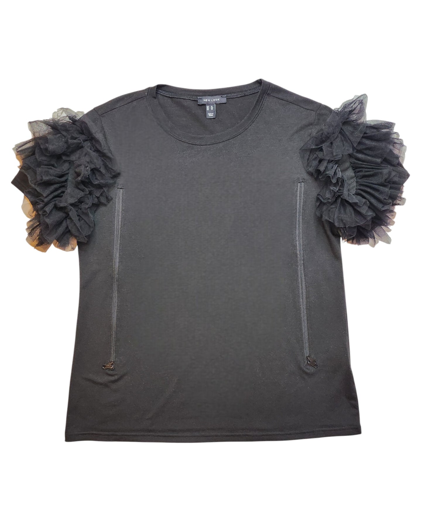 The touched out mama Upcycled Breastfeeding & Pumping Black Tulle T-shirt UK14 features ruffled tulle sleeves, hidden side zippers for nursing, and is crafted from soft fabric for a casual yet elegant look.