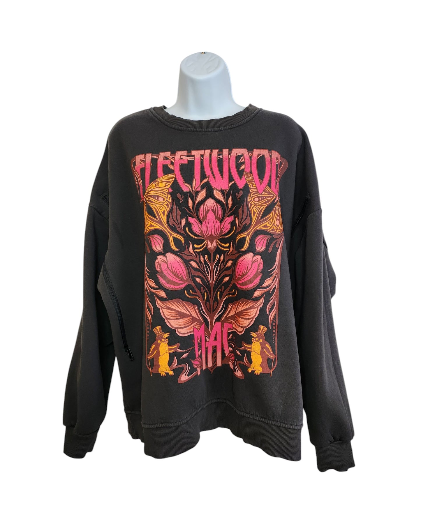 The Upcycled Breastfeeding & Pumping Fleetwood Mac Sweatshirt (L, UK14/16) by touched out mama is black, eco-friendly, and features bold pink Fleetwood Mac text with a floral and butterfly design in pink, red, and yellow.