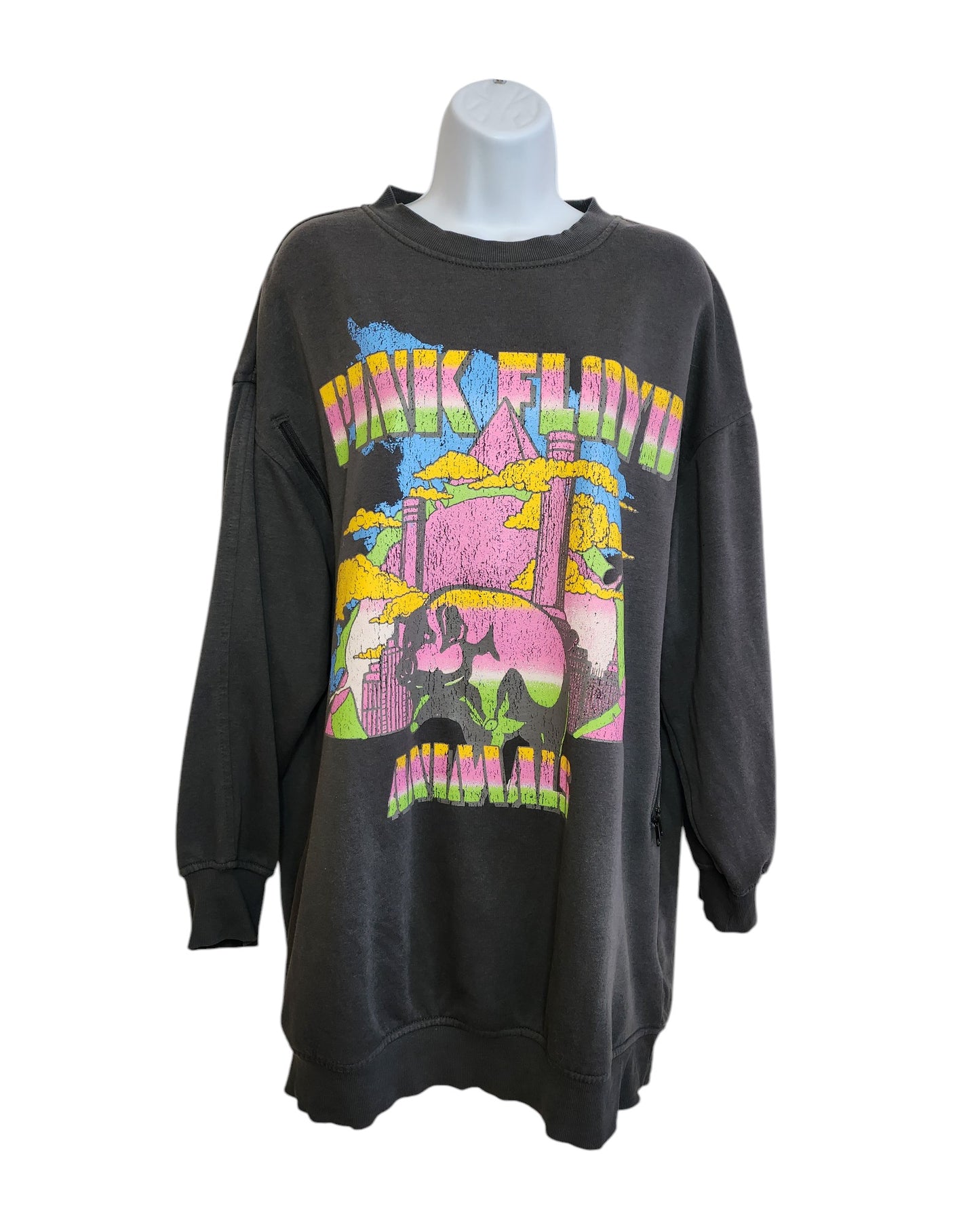 Displayed on a mannequin, the Upcycled Breastfeeding & Pumping Pink Floyd Long-line Sweatshirt S by touched out mama is black with colorful, vintage-style animal and abstract graphics. Curated from preloved clothing, it features Pink Floyd Animals above and below the design.