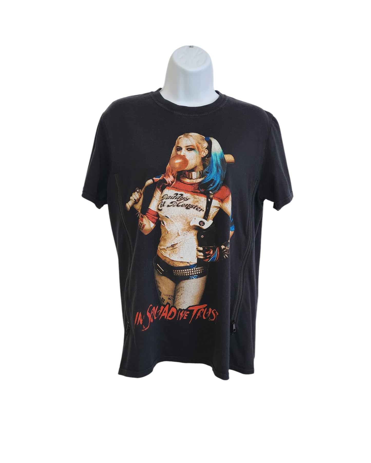 The touched out mamas Upcycled Breastfeeding & Pumping Harley Quinn T-shirt (UK12) showcases a character with pink and blue hair, a jacket, and a bat. The text Daddys Lil Monster and In Squad We Trust make it an ideal unique piece for enhancing any preloved collection.