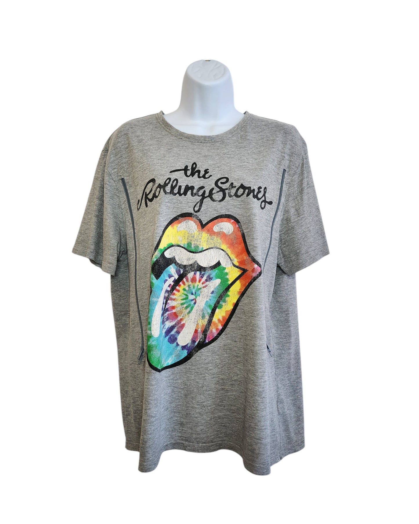 The Upcycled Breastfeeding & Pumping Rolling Stones Tie-dye T-shirt by touched out mama features a vibrant lips and tongue design. The Rolling Stones is displayed in a stylized font, perfect for eco-friendly fashion enthusiasts.