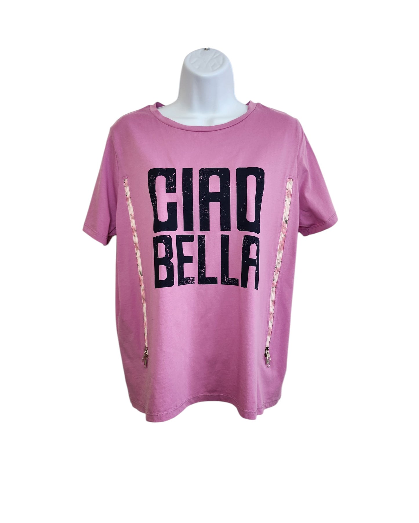 The touched out mama Upcycled Breastfeeding & Pumping Ciao Bella t-shirt UK14 features pink short sleeves, bold black front text, and floral zipper accents—an eco-friendly nursing piece shown on a white mannequin torso.