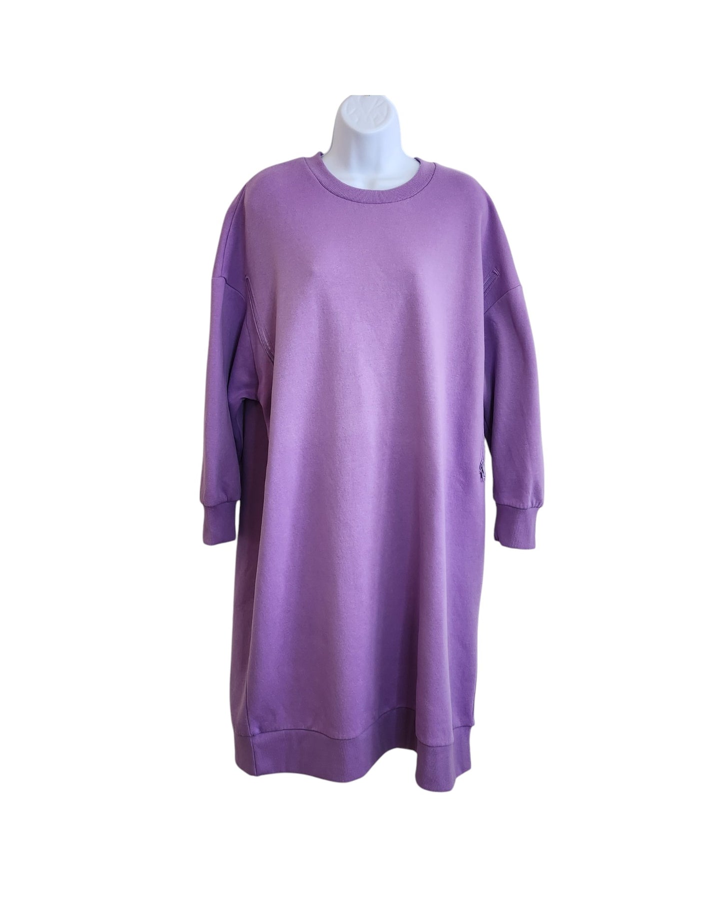 A Tu Upcycled Breastfeeding & Pumping Purple Sweatshirt Dress (UK14) is showcased on a white mannequin torso against a plain white background.
