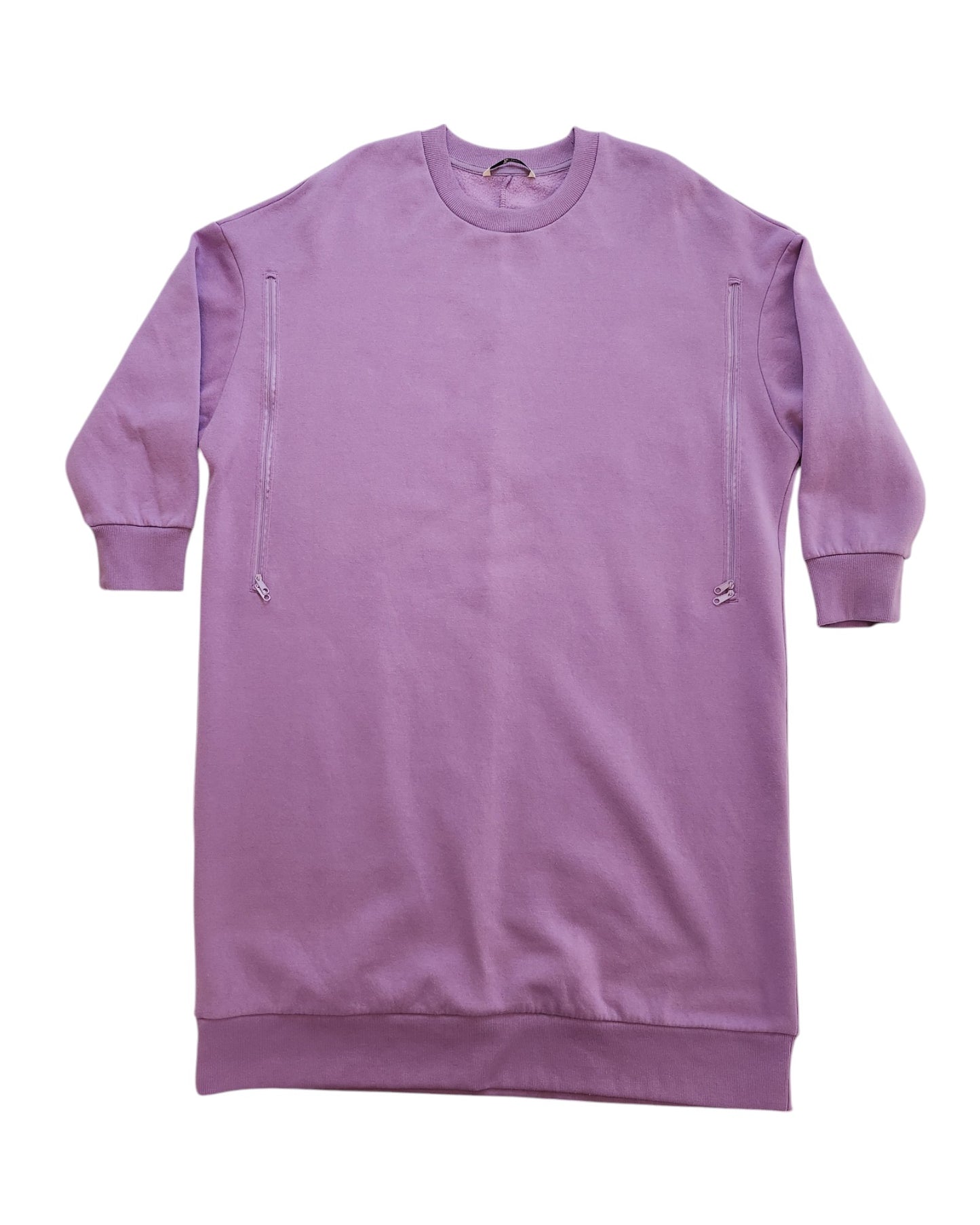 The Tu Upcycled Breastfeeding & Pumping Purple Sweatshirt Dress UK14 features a crew neckline, long sleeves, ribbed cuffs and hem, two front zippered pockets, and is crafted from eco-friendly materials for conscious comfort.
