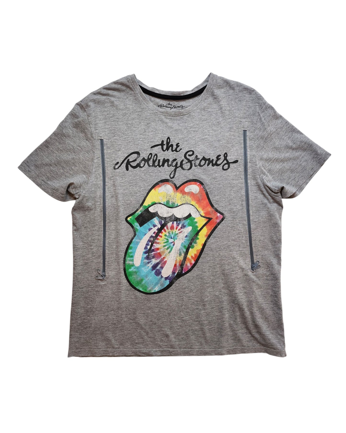 This touched out mama upcycled nursing t-shirt features a psychedelic rainbow lips design with The Rolling Stones inscribed above in black cursive.