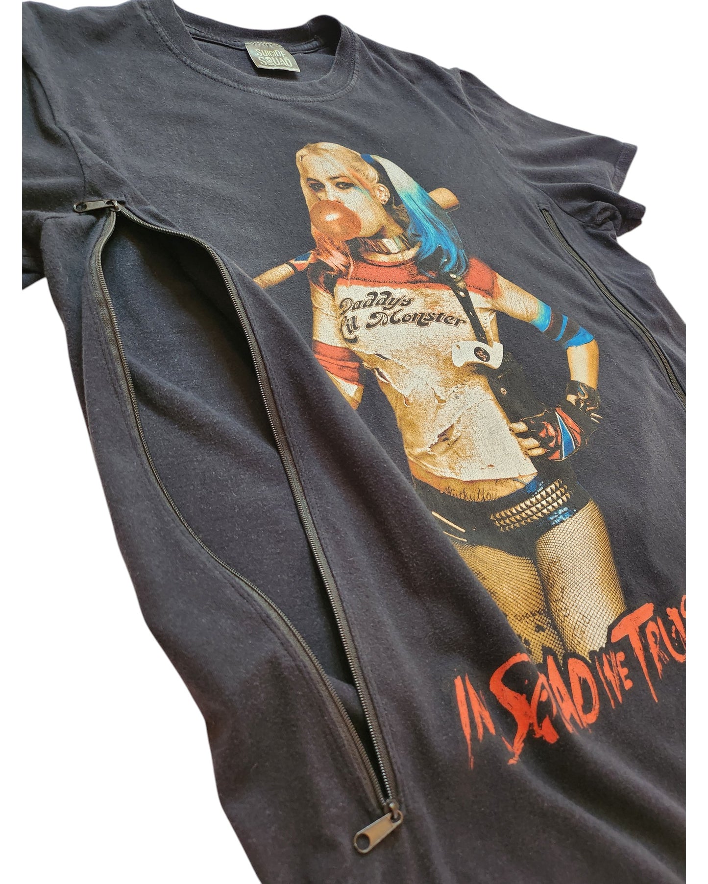 Preloved Upcycled Breastfeeding (Nursing) & Pumping Harley Quinn t-shirt by touched out mama, size UK12, features a colorful graphic of a character with blue and pink hair in a baseball uniform and includes distinctive red text with vertical side zippers.