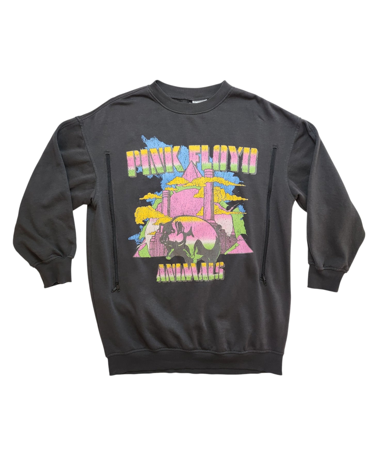 This upcycled long-line sweatshirt from touched out mama features a colorful abstract design with a pig and the bold text Pink Floyd Animals, turning preloved nursing and pumping clothing into a stylish statement piece.