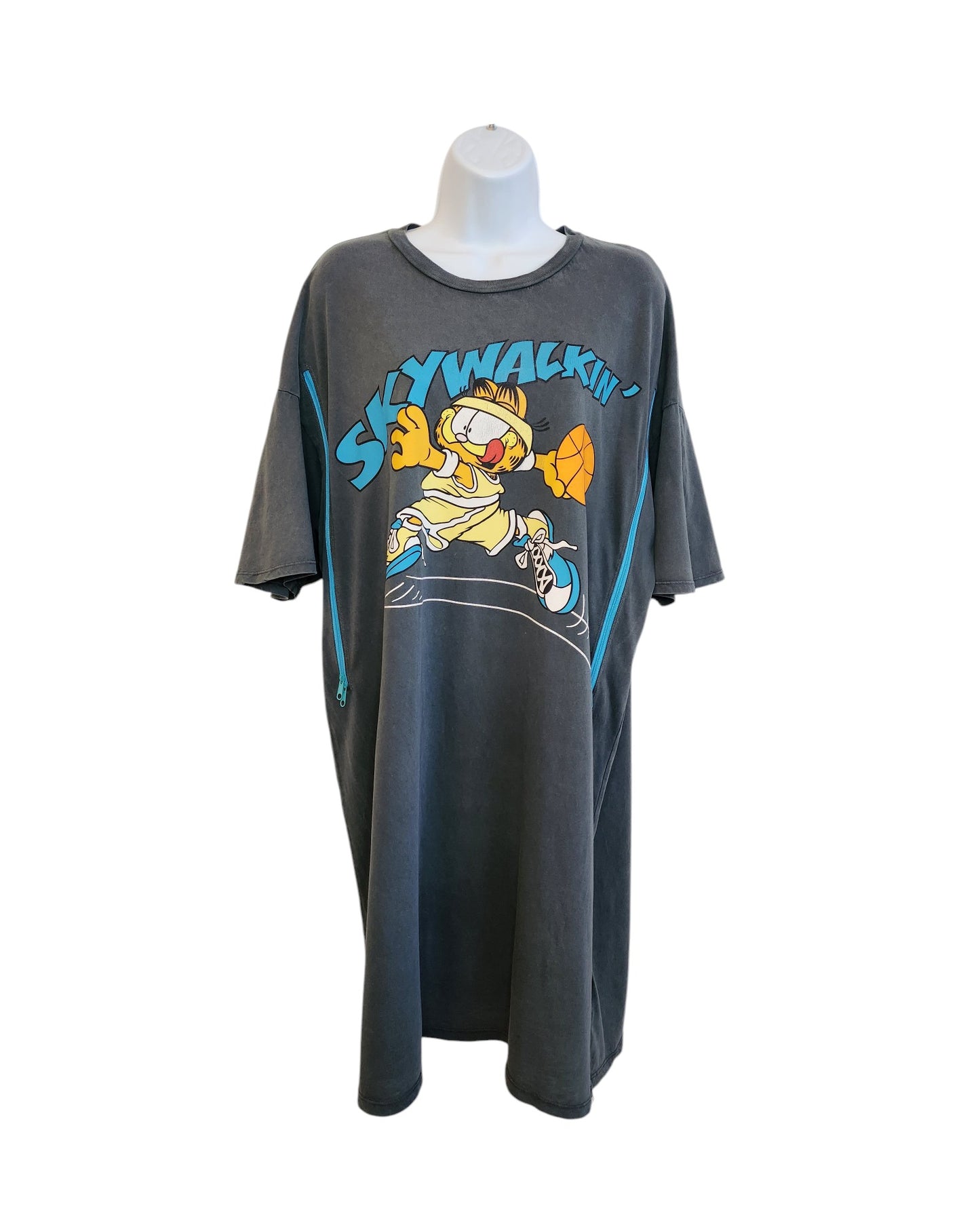 The Upcycled Breastfeeding & Pumping Garfield t-shirt Dress M by touched out mama, in charcoal gray, is shown on a mannequin featuring a skateboarding cartoon and SKYWALKIN in bold blue and yellow lettering.