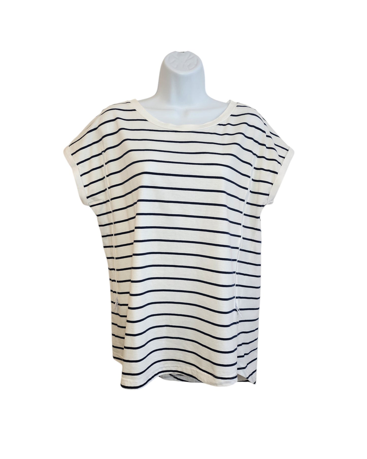 The touched out mama Upcycled Breastfeeding & Pumping Stripe T-shirt, UK12, is elegantly showcased on a neck-only mannequin against a plain background. This white short-sleeved tee features black horizontal stripes and is crafted from upcycled materials.