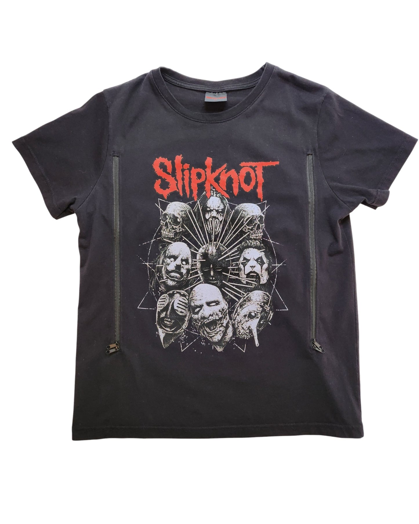 The upcycled breastfeeding & pumping Slipknot T-shirt by touched out mama showcases a bold red Slipknot and eerie masks in circular design, with edgy zippered sides for an affordable eco-friendly fashion statement.