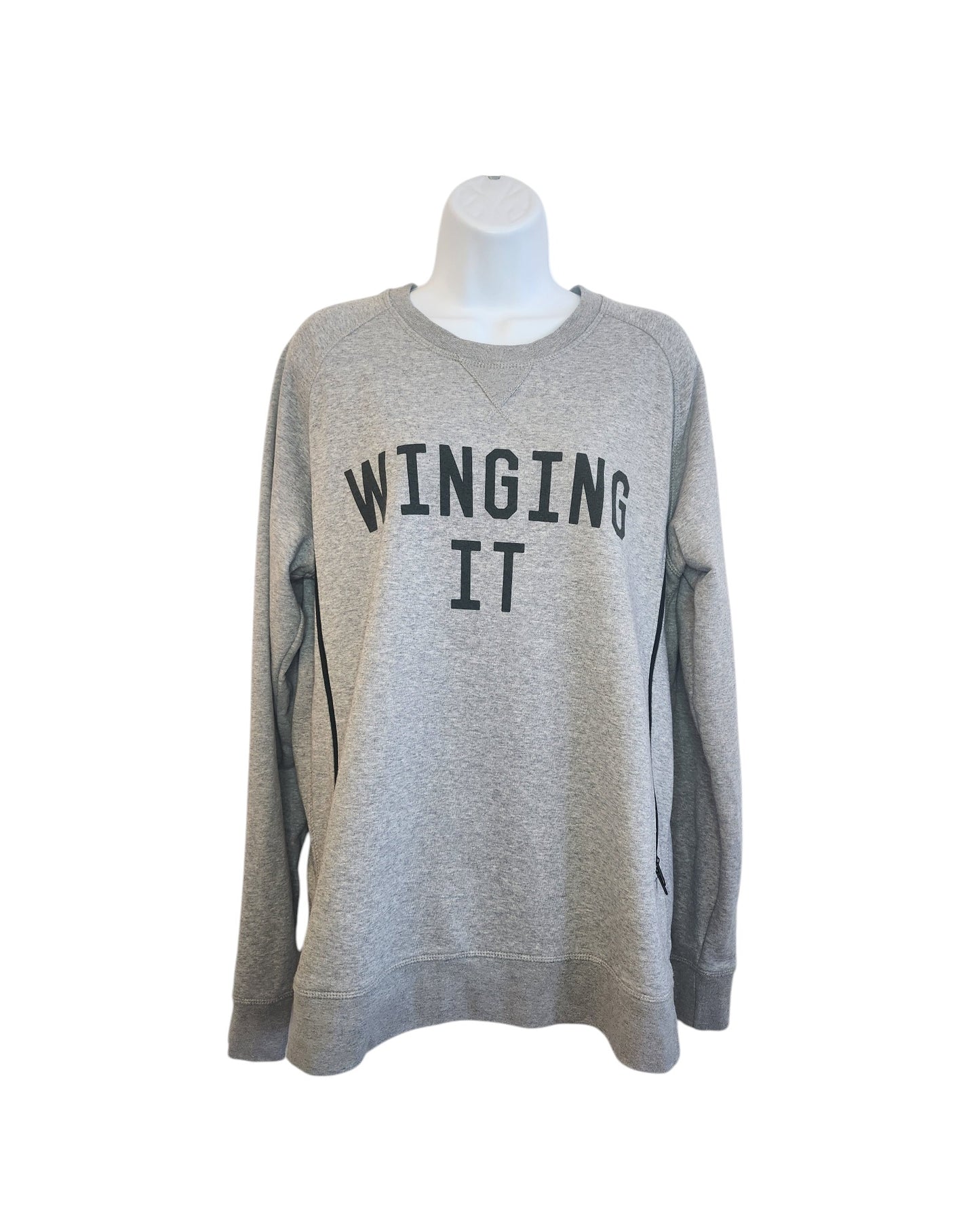 The touched out mama Upcycled Breastfeeding (Nursing) & Pumping Winging It Sweatshirt XL is a light gray, affordable top with “WINGING IT” in bold black letters—ideal for everyday wear or cozy breastfeeding and pumping comfort.