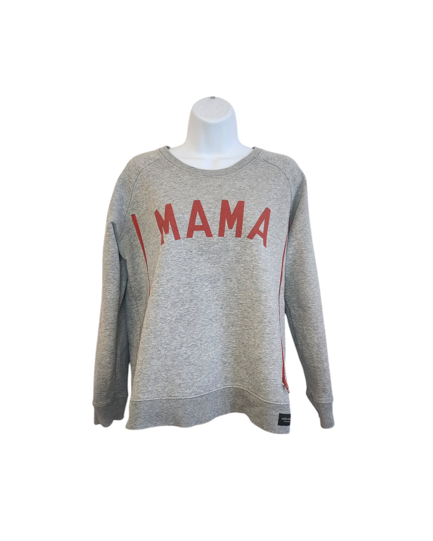 Displayed on a mannequin, the gray Upcycled Breastfeeding (Nursing) & Pumping MAMA Sweatshirt M by touched out mama features bold red letters spelling MAMA across the chest, offering a chic and sustainable touch to any preloved fashion collection.