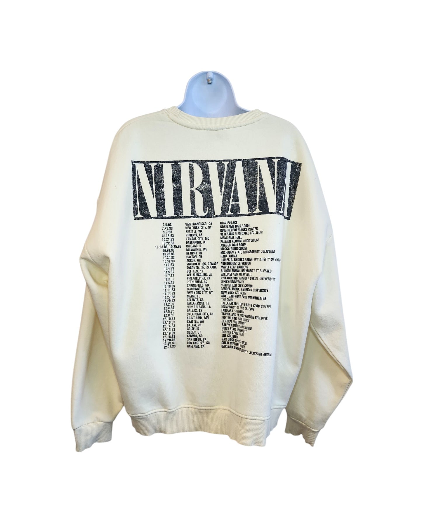 The Upcycled Breastfeeding & Pumping Cream Nirvana Sweatshirt by touched out mama is an eco-friendly, budget-friendly garment in cream, showcasing NIRVANA prominently. Displayed on a white mannequin against a plain white background, it includes detailed text underneath.