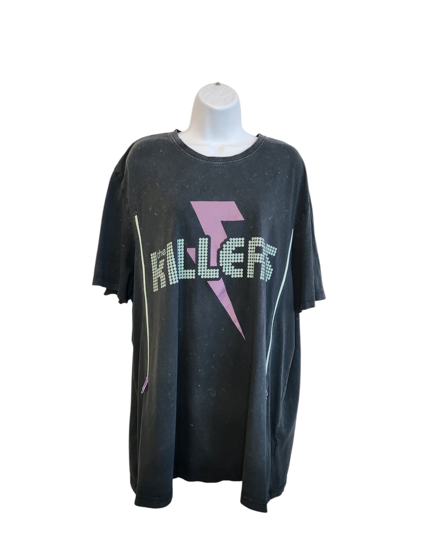 A preloved Upcycled Breastfeeding (Nursing) & Pumping The Killers black t-shirt by touched out mama, features KILLER in white block letters and a bold pink lightning bolt on a white mannequin. The distressed charm with small white specks celebrates the unique character of upcycled clothing.