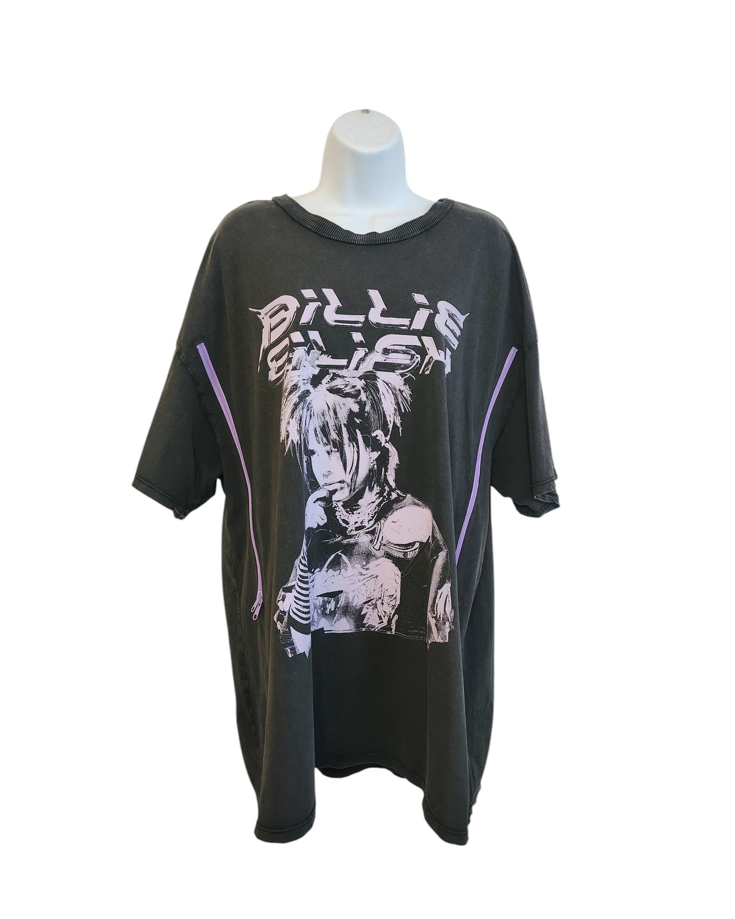 The touched out mama Upcycled Breastfeeding & Pumping Billie Eilish T-shirt in black has an abstract illustration and stylized text with purple accents, crafted from upcycled materials, merging style and eco-friendliness.