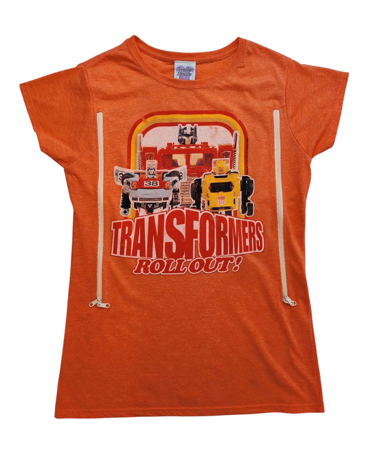The Truffle Shuffle Upcycled Breastfeeding (Nursing) & Pumping Orange Transformers t-shirt M features bold red and white TRANSFORMERS ROLL OUT! text, stylized characters, and vertical zippers for easy nursing—eco-friendly and stylish.