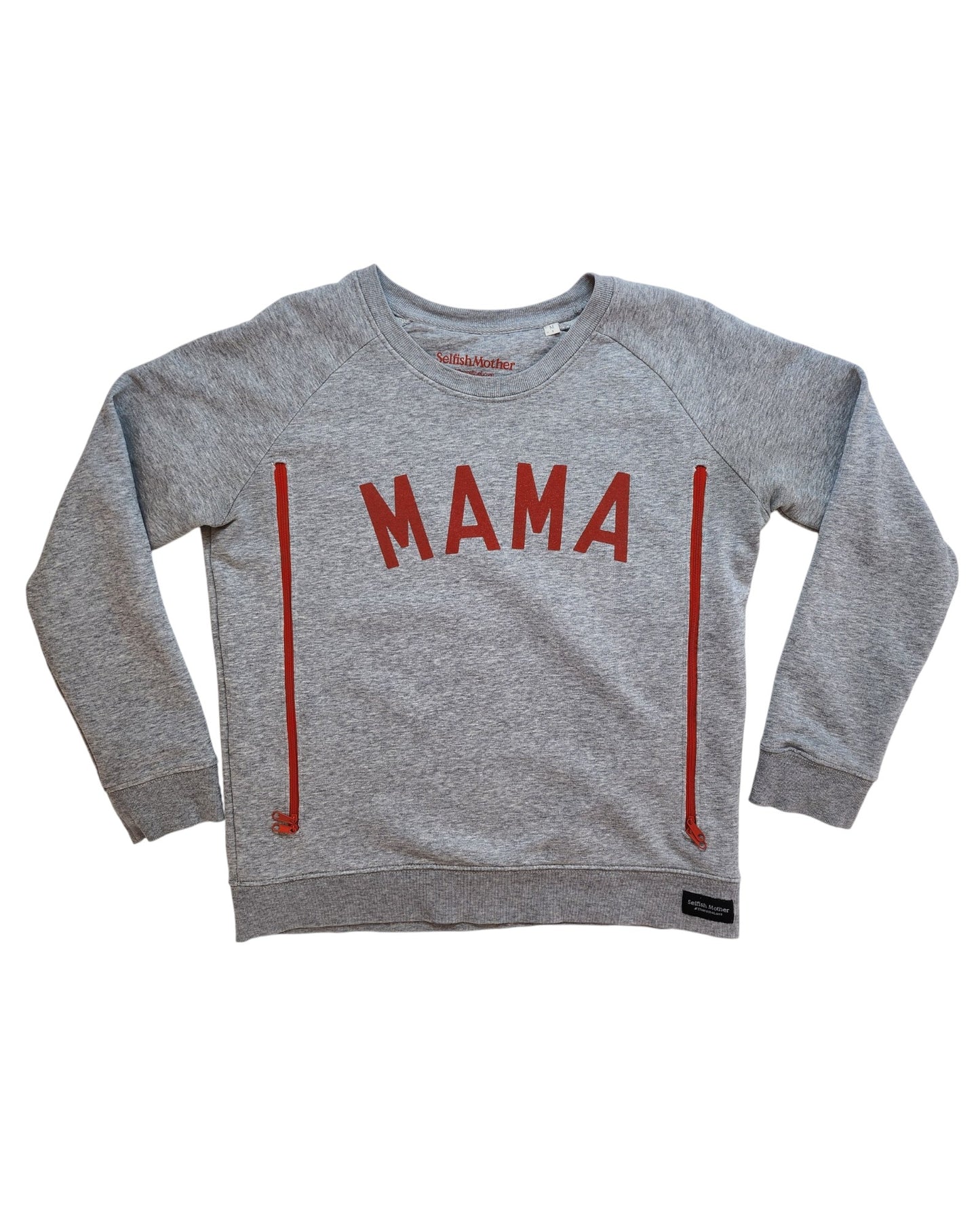 The touched out mama Upcycled Breastfeeding & Pumping MAMA Sweatshirt features long sleeves, a round neck, and MAMA in big red letters with simple lines extending downward, ideal for preloved fashion enthusiasts.