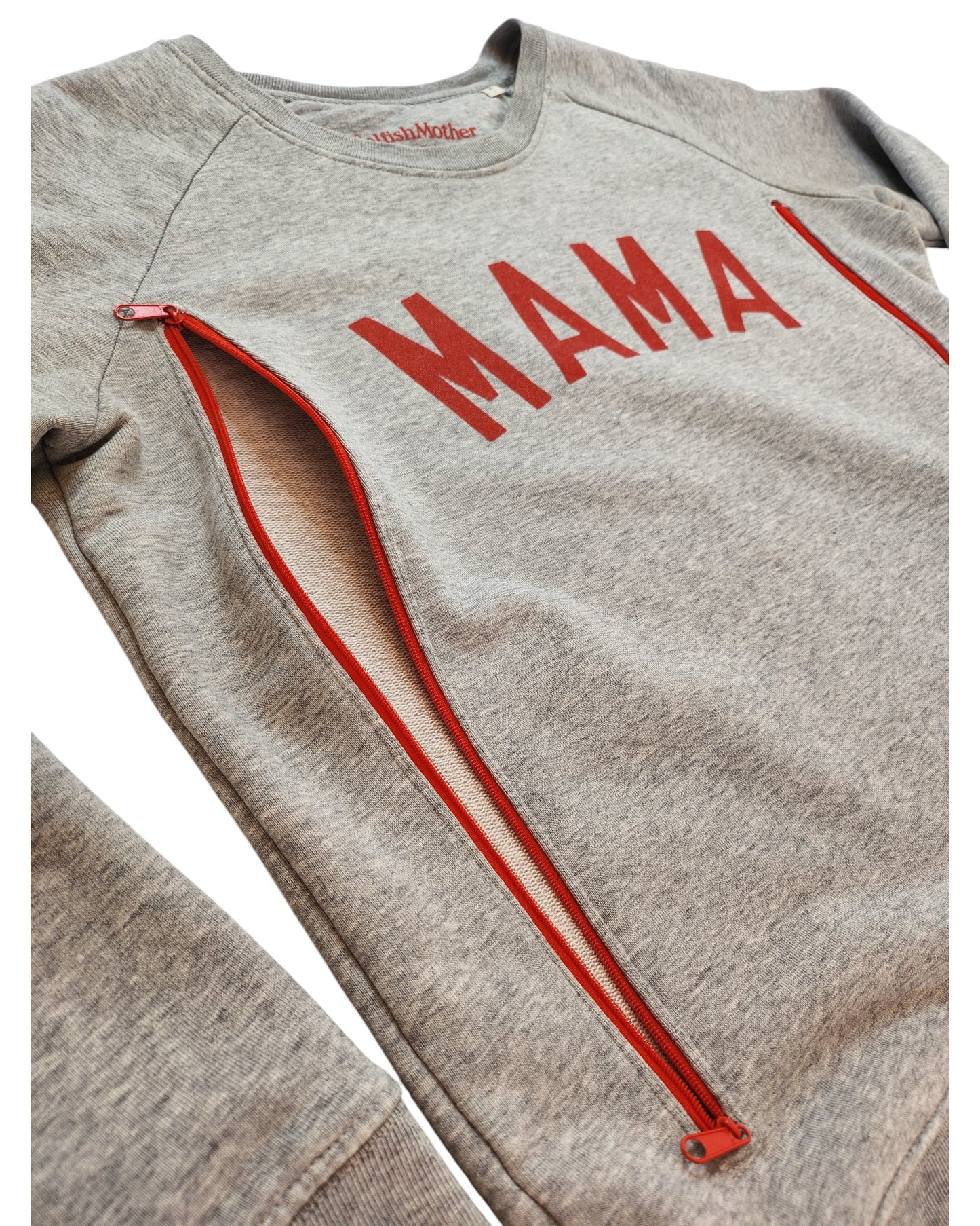 The touched out mama Upcycled Breastfeeding (Nursing) & Pumping MAMA Sweatshirt M is a preloved gray sweatshirt with MAMA in red and two vertical side zippers for breastfeeding convenience, featuring a classic neckline and sleeves.