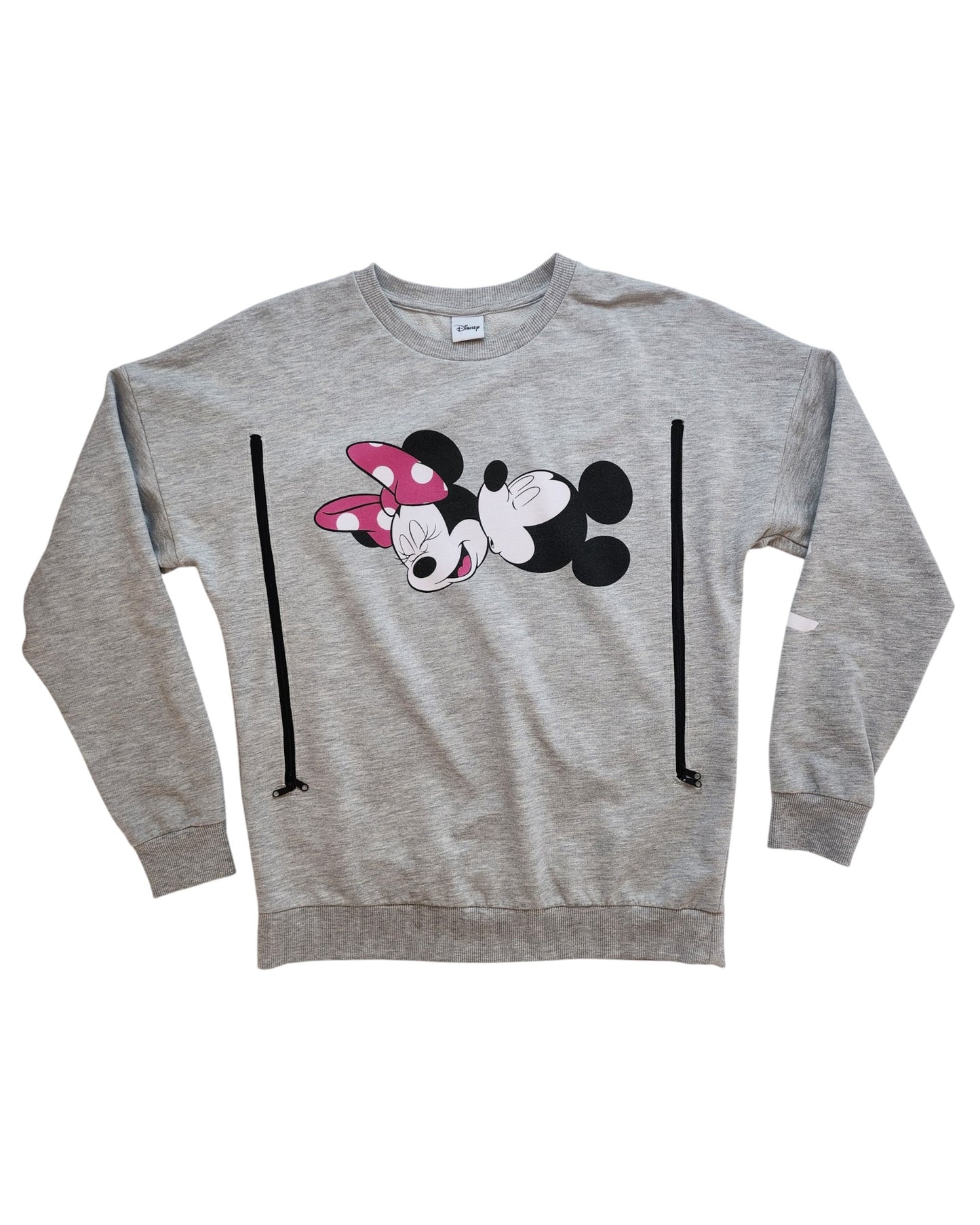The touched out mama Upcycled Breastfeeding & Pumping Sweatshirt features upside-down cartoon characters with large ears and closed eyes, including one with a pink bow. It has two vertical side zippers, making it an eco-affordable option for breastfeeding wear or as upcycled preloved clothing.