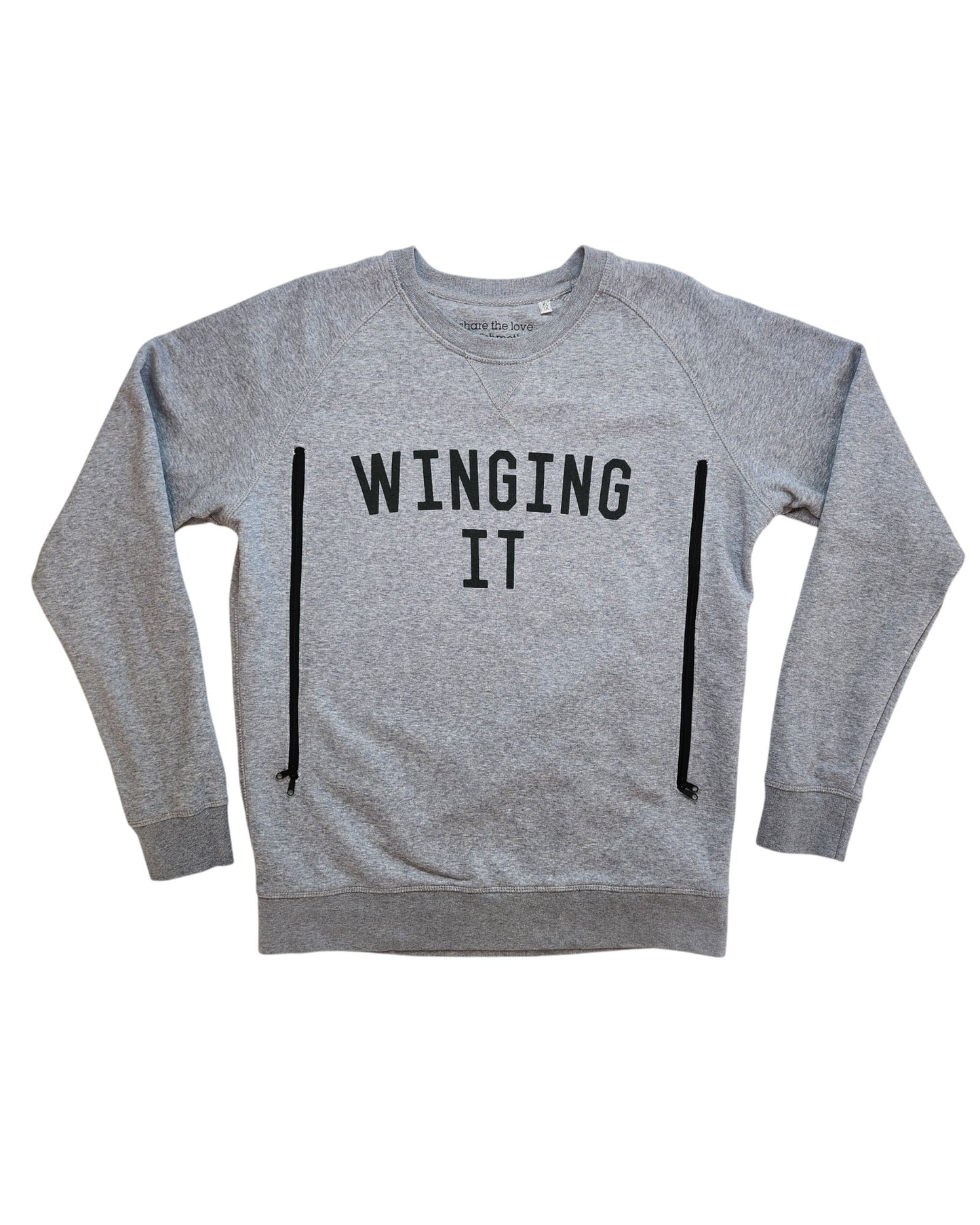 The touched out mama Upcycled Breastfeeding & Pumping Winging It Sweatshirt XL is a light gray, affordable option with bold black WINGING IT text, long sleeves, and two vertical black zippers for easy, stylish nursing access.