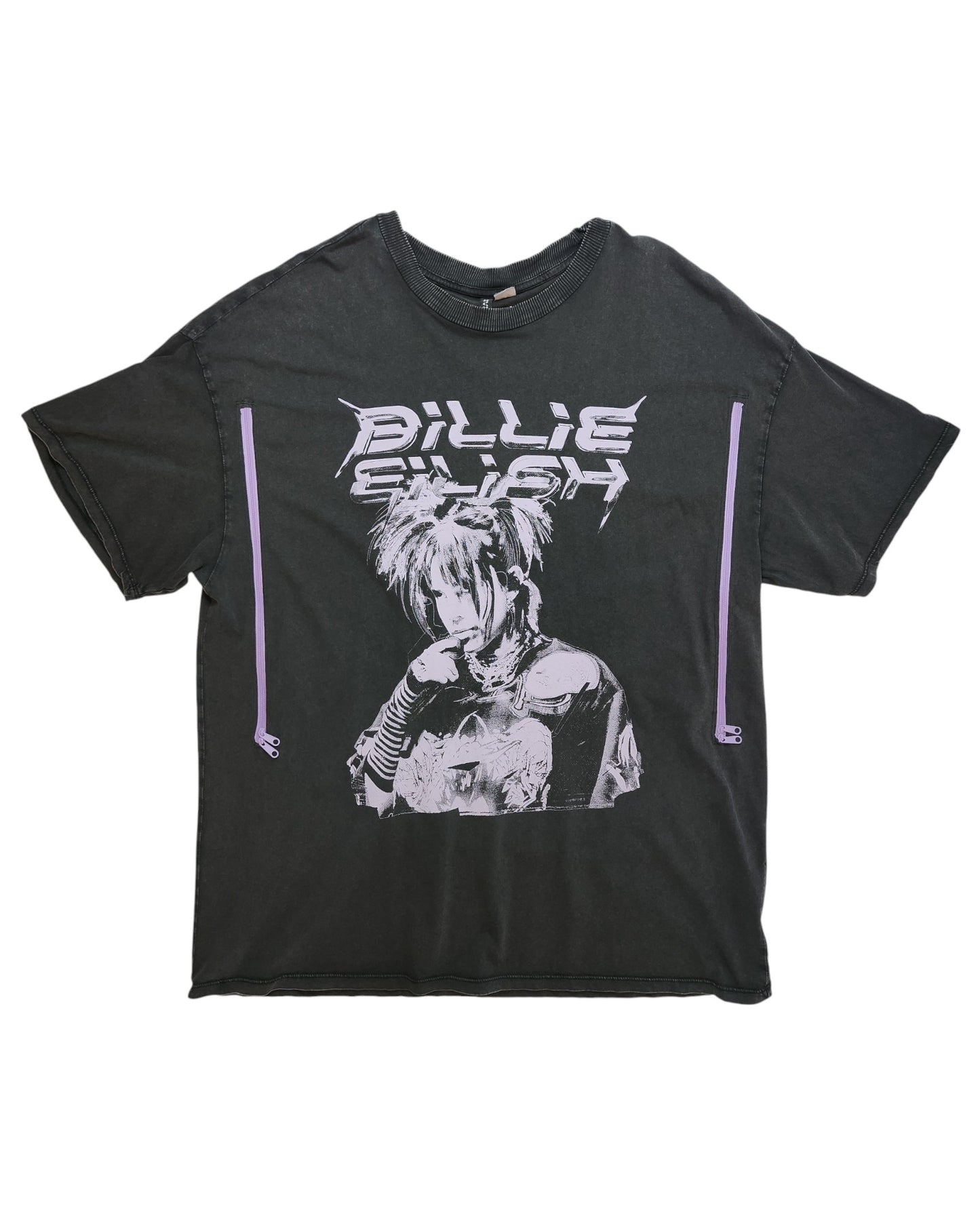 The Upcycled Breastfeeding & Pumping Billie Eilish T-shirt by touched out mama features a monochrome image of a person with short hair covering their mouth. Billie Eilish is printed in stylized white text above, flanked by two purple lines, using eco-friendly inks for sustainable fashion.