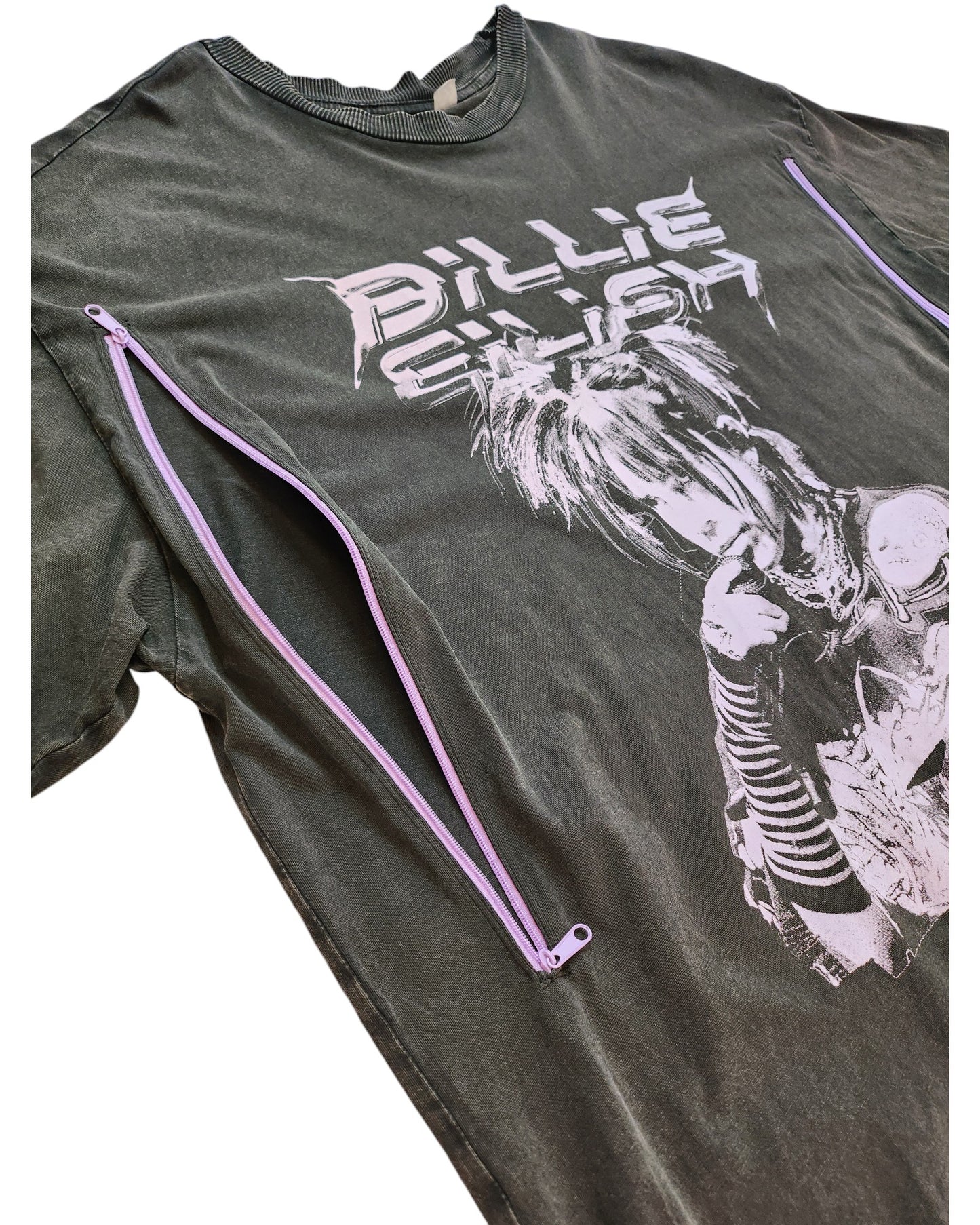 The touched out mama Upcycled Breastfeeding & Pumping Billie Eilish T-shirt, M, features a dark gray eco-friendly design with a stylized graphic and unique side zippers for an edgy flair, blending sustainable fashion with bold style.