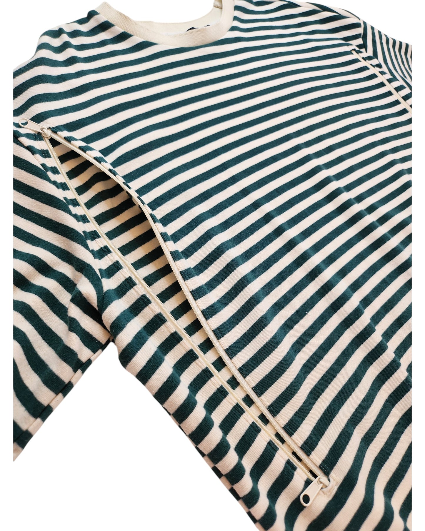 The Upcycled Breastfeeding & Pumping Green Stripe T-shirt XL by touched out mama features a stylish and functional zippered opening for breastfeeding, perfect for sustainable fashion enthusiasts.