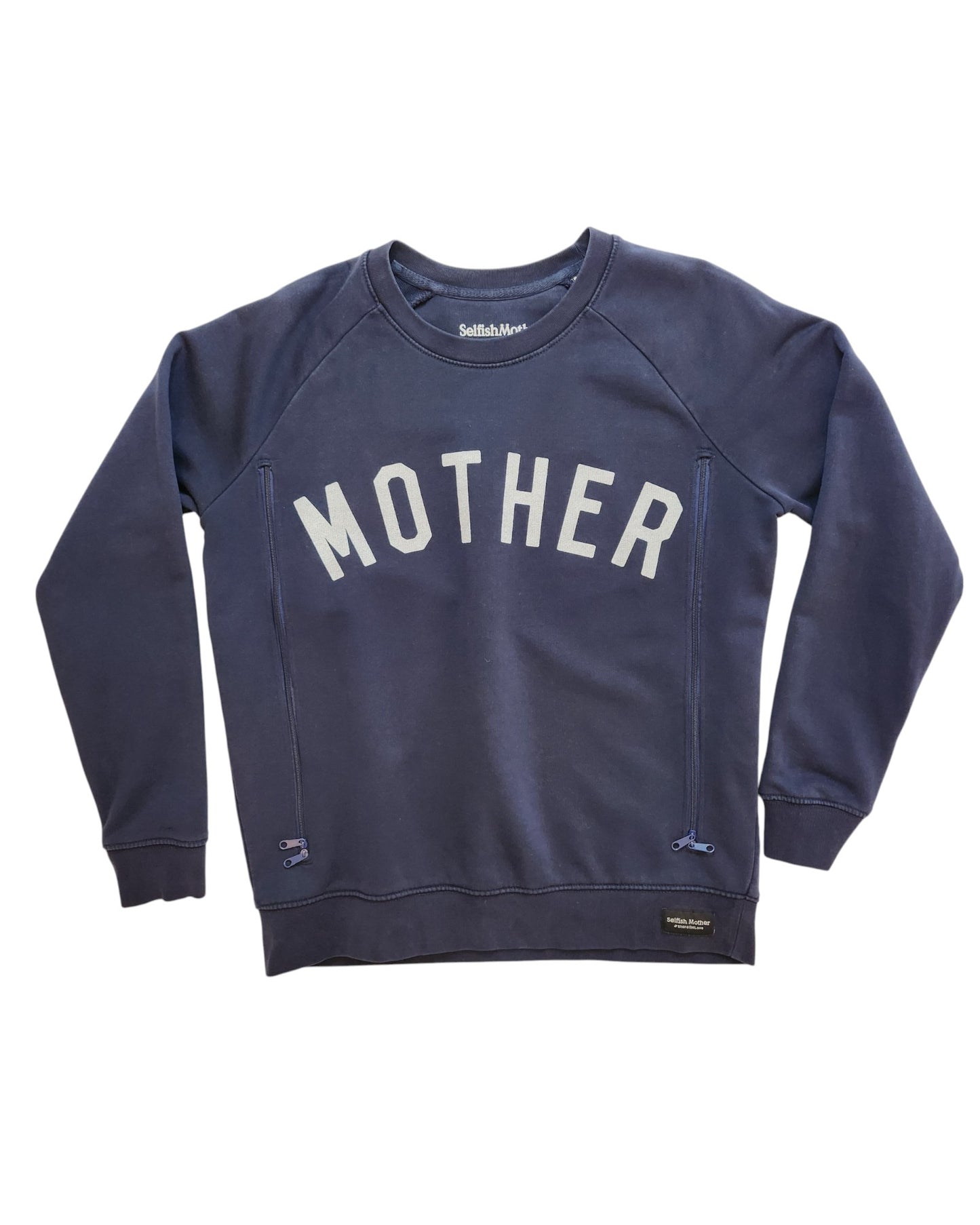 The touched out mama Upcycled Breastfeeding & Pumping Mother Sweatshirt M is a navy blue, eco-friendly long-sleeve sweatshirt with MOTHER printed in large white letters across the front.