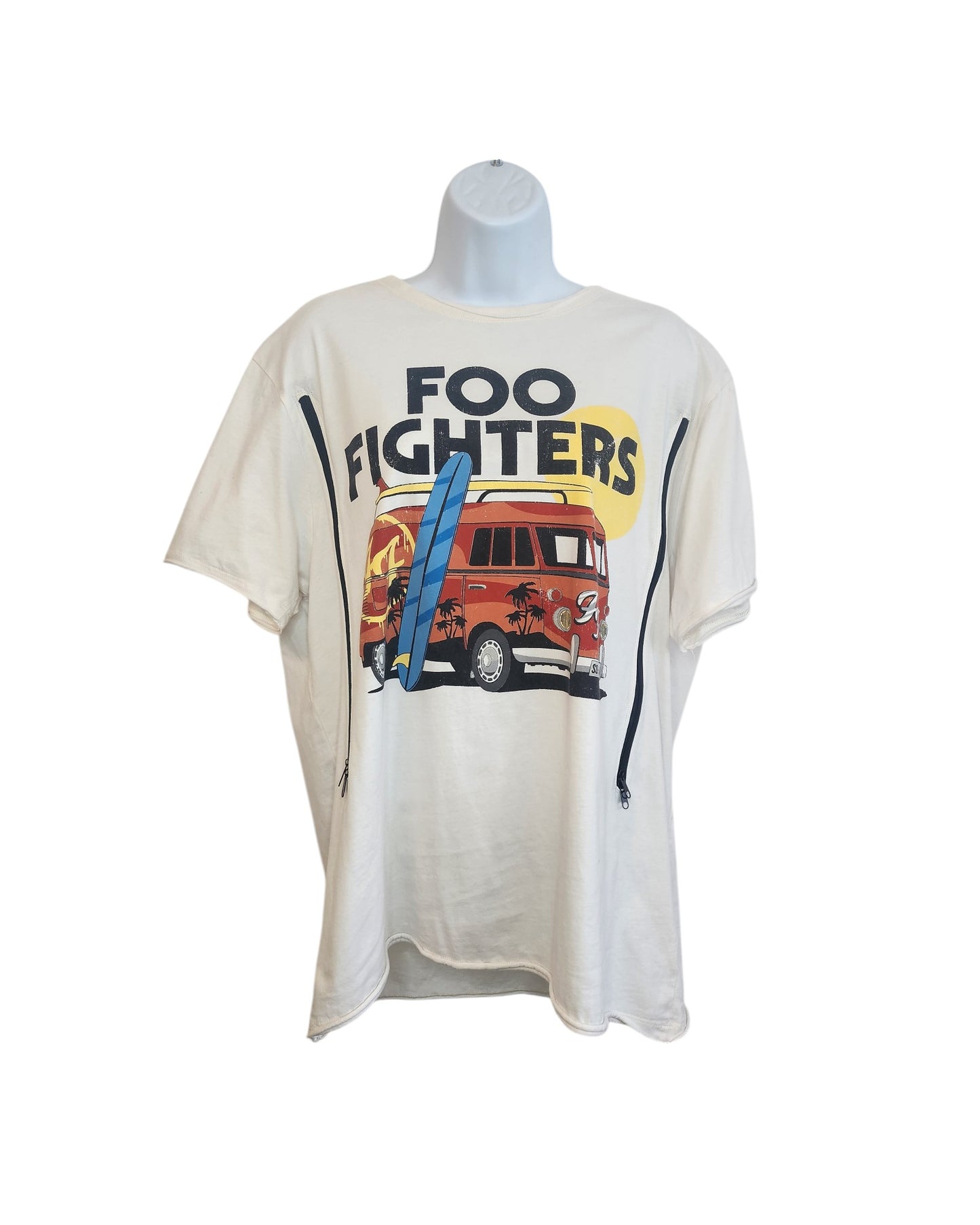 Upcycled Amplified Breastfeeding & Pumping Foo Fighters T-shirt (XL) featuring a red van, blue surfboard, and palm trees against a yellow sun. Preloved and displayed on a mannequin with a white background.