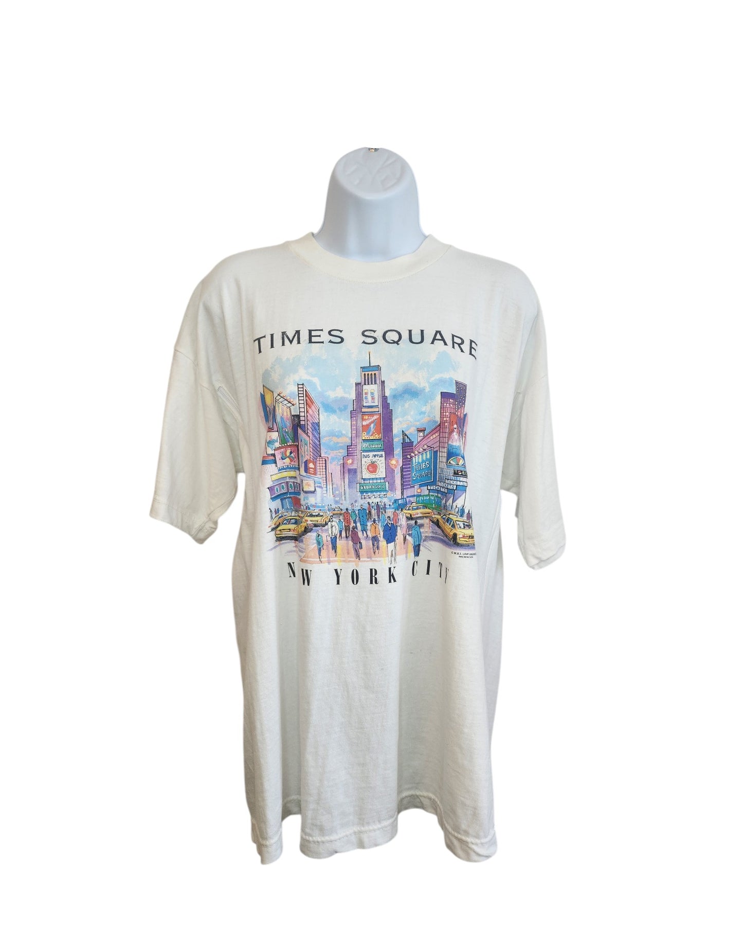 The Sun Wear Upcycled Breastfeeding & Pumping Times Square t-shirt L is a white tee featuring a colorful illustrated graphic of NYCs Times Square, with skyscrapers, billboards, people, and Times Square New York City text.