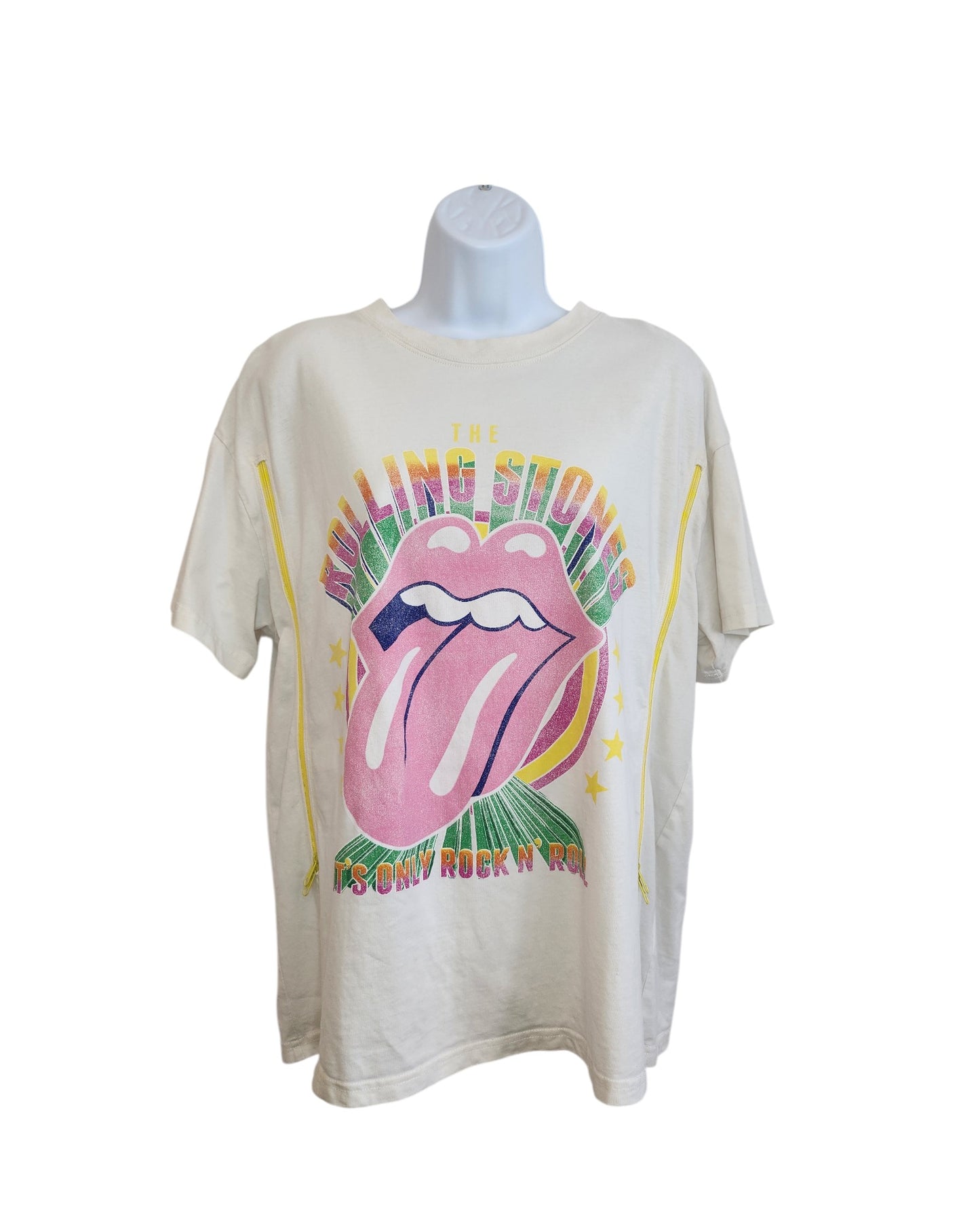 An upcycled, eco-friendly H&M breastfeeding & pumping T-shirt in cream/pink, size M, features a large colorful Rolling Stones tongue and lips logo with band name and Its Only Rock N Roll text, displayed on a mannequin torso.