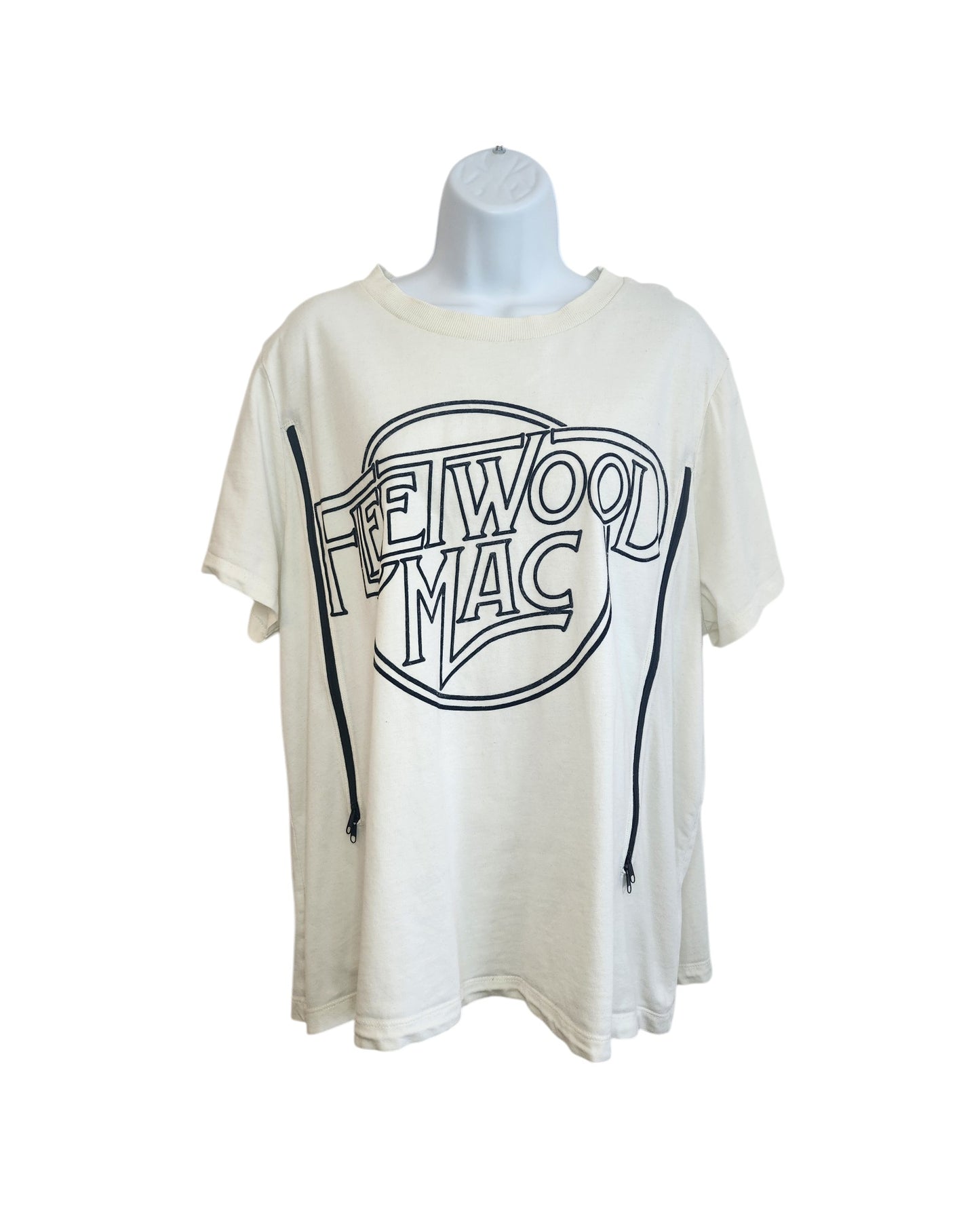 The Upcycled Breastfeeding & Pumping White/Black Fleetwood Mac t-shirt (XL) features a bold logo on the chest and is crafted as eco-friendly clothing, making it a sustainable choice from Fleetwood Mac.